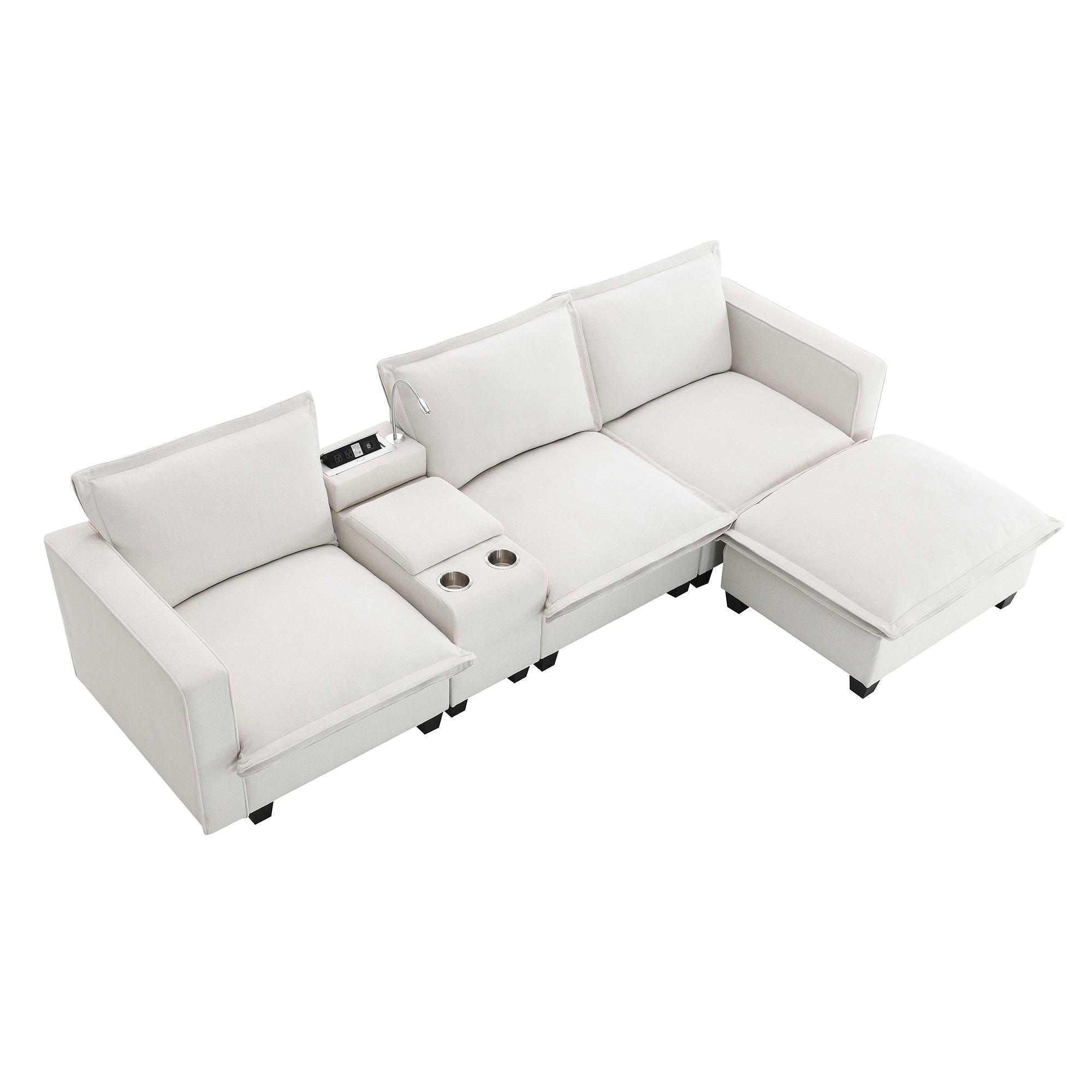 Modern 4-Seat Chenille Modular Sectional Sofa with Console, USB Charging Port, Reading Light & Cup Holders - Cloud Couch for Living Room, Apartment (2 Colors) | Perfect for Family Gatherings, Movie Nights & Small Space Living