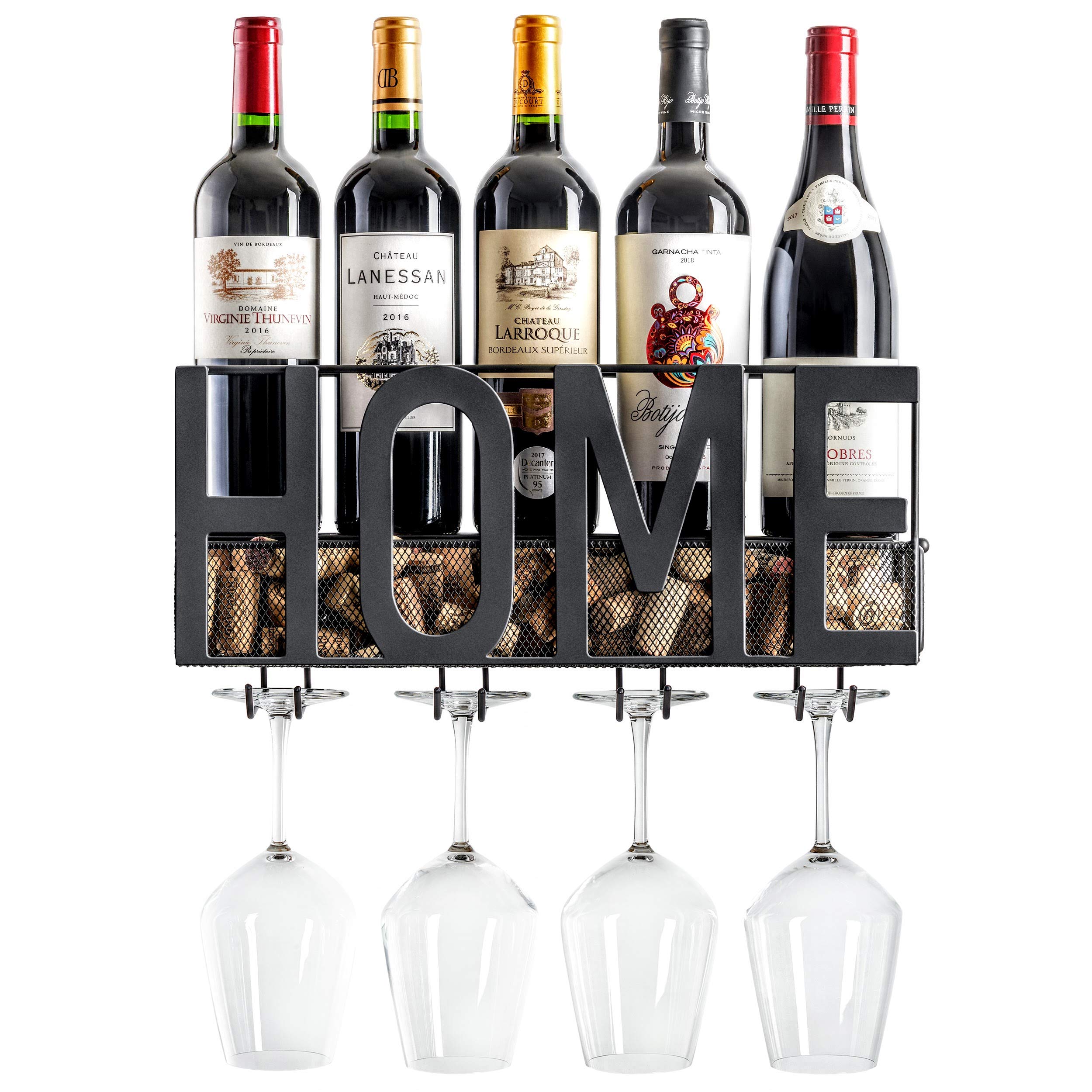 MKZ Wall Mounted Wine Rack - Space Saving Wine Bottle Holder with Hanging Stemware Glass Storage & Cork Organizer | Modern Home Bar & Kitchen Decor for Wine Enthusiasts | Perfect for Dining Rooms, Bars & Entertaining Areas
