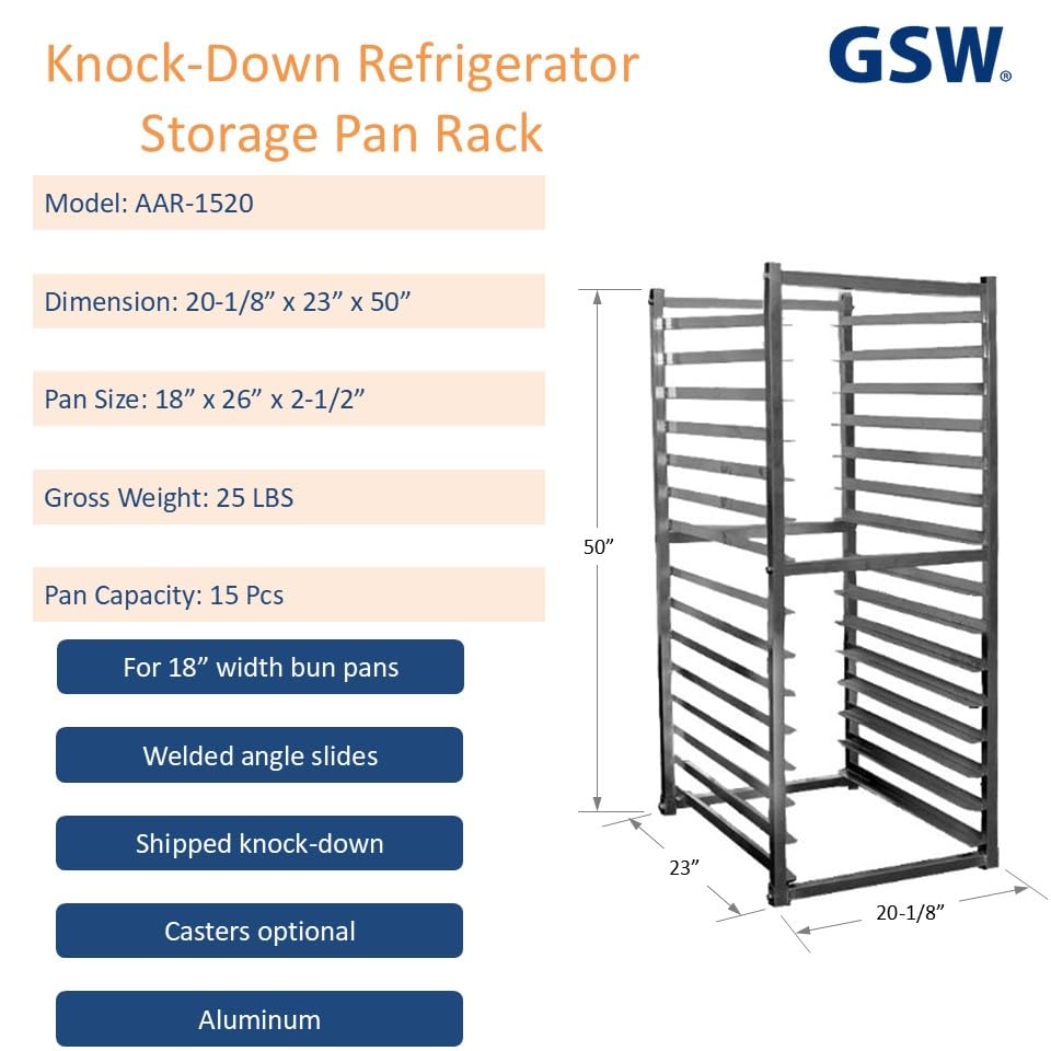GSW AAR-1520 Commercial Aluminum Refrigerator Storage Pan Rack - 15 Pan Capacity, 20-1/8” x 23” x 50” - Heavy Duty Knock Down Design for Restaurant, Bakery & Catering Kitchen Organization