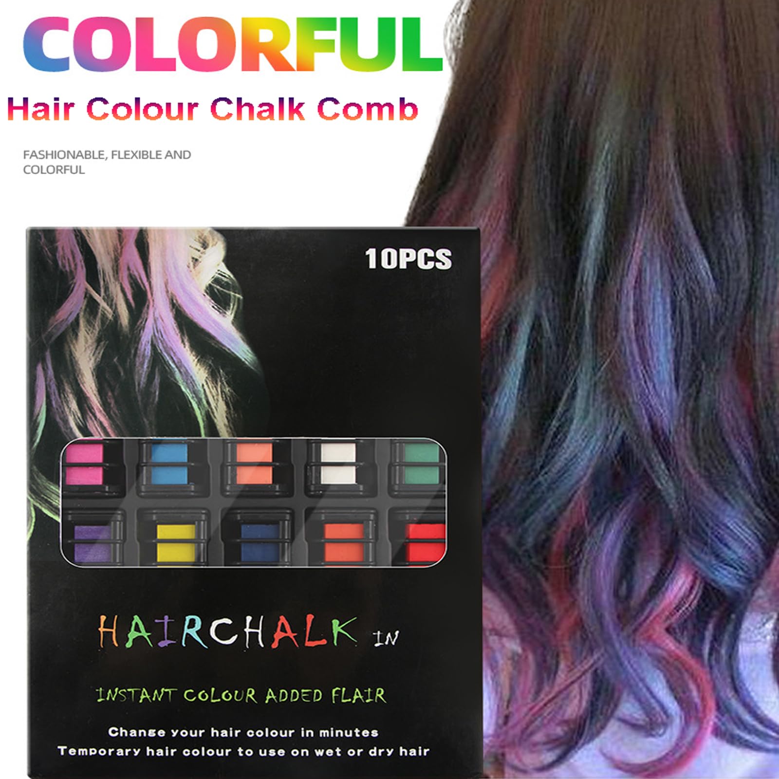 Vibrant Hair Chalk Comb - 10 Washable Temporary Hair Colors for Girls, Kids & Teens | Perfect for Parties, Birthdays, DIY Styling, Cosplay & Halloween Costumes | Safe, Non-Toxic & Easy to Apply Hair Dye