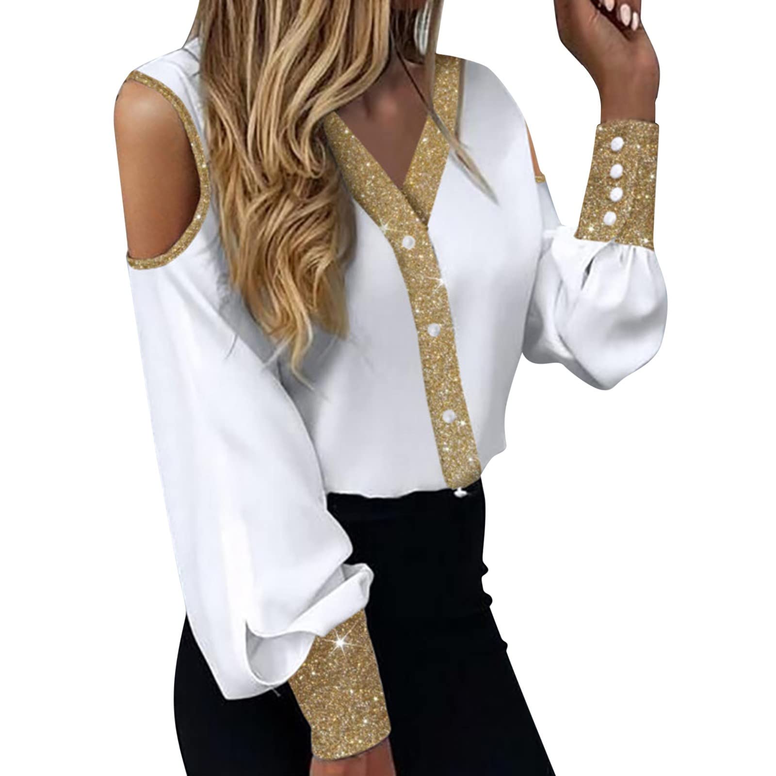 Women's Striped V-Neck Off Shoulder Long Sleeve Blouse - Summer Casual Lace Top for Women | Perfect for Beach Outings, Date Nights & Office Wear