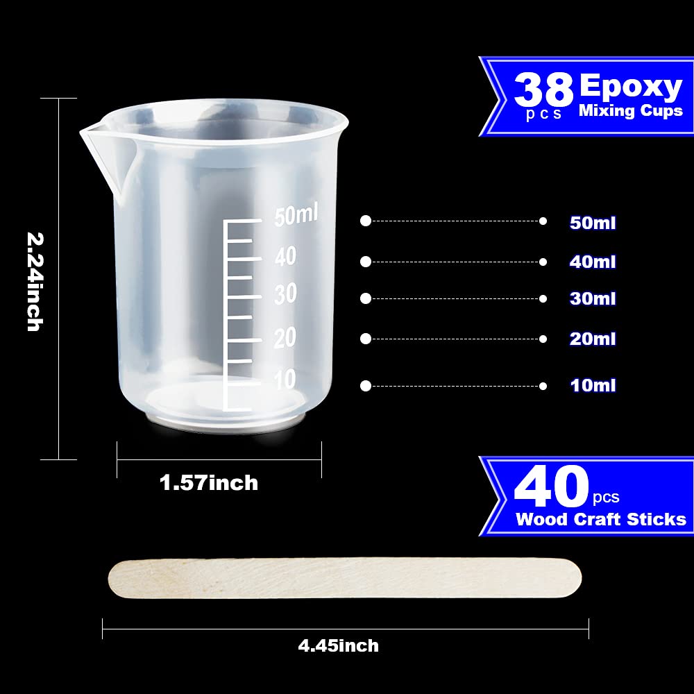 LEOBRO 50ml/1.7oz Epoxy Mixing Cups - 38PCS Graduated Resin Measuring Cups with 40 Wooden Sticks for Epoxy Resin, Acrylic Paint & Art Projects - Perfect for DIY Crafts, Jewelry Making & Home Decor