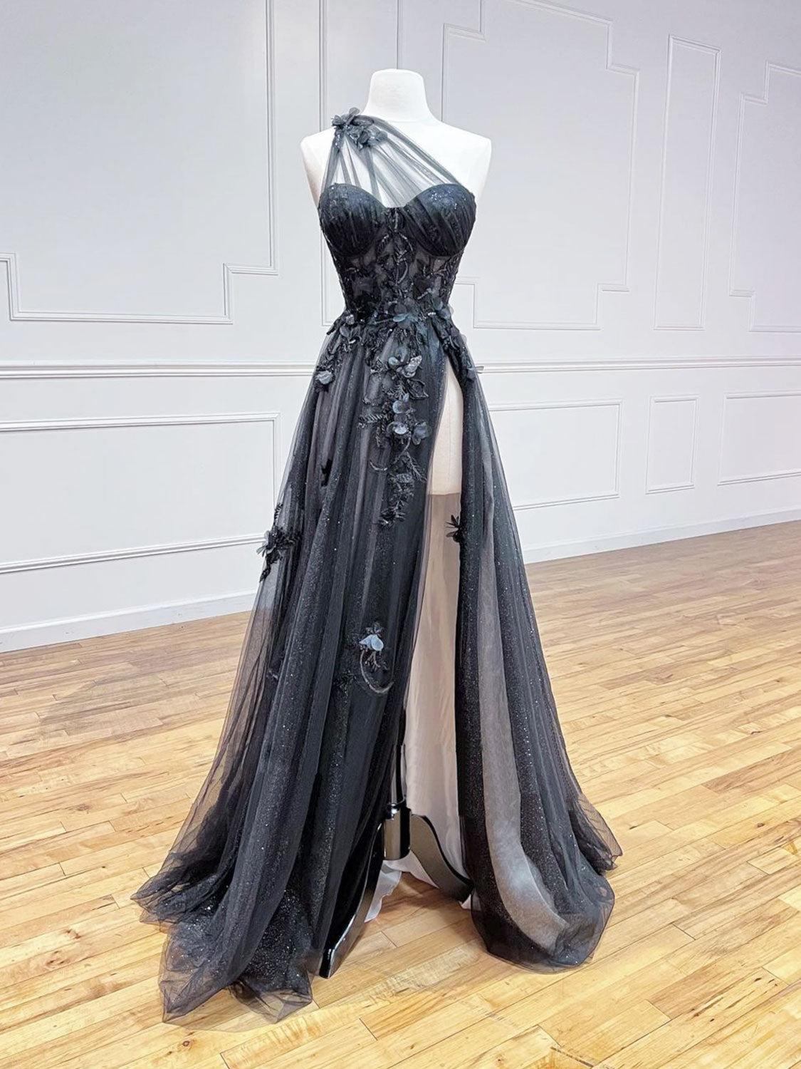 Elegant A-Line One Shoulder Black Tulle Long Prom Dress for Evening Gala, Formal Party & Special Occasions