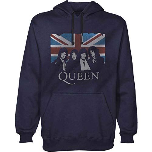 Queen Men's Union Jack Hooded Sweatshirt Navy - British Flag Pullover Hoodie for Men | Casual Streetwear, Fall Winter Fashion, Gift for Him