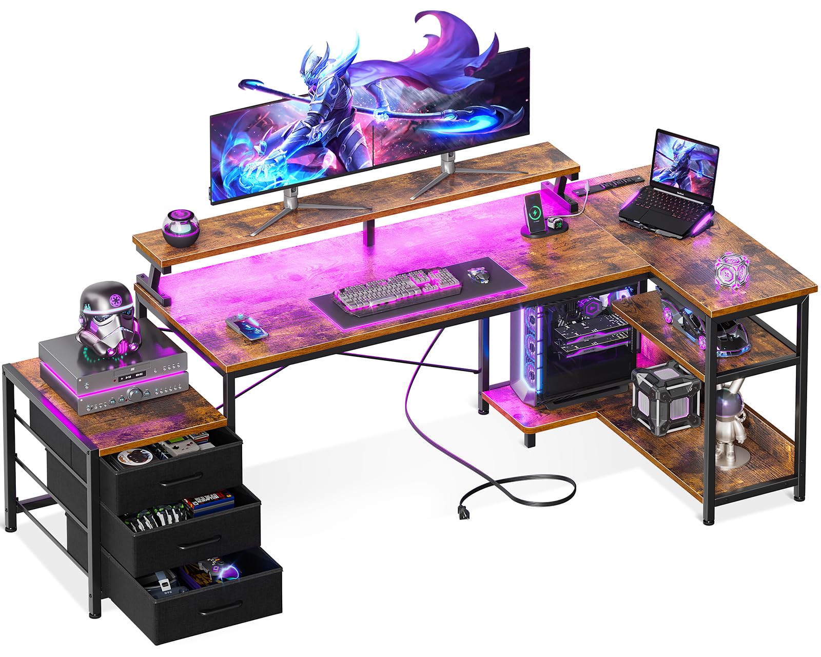 AODK L-Shaped Office Desk with Fabric Drawers - Reversible Computer Desk with LED Strip & Power Outlet, Corner Writing Desk with Storage Shelf & Monitor Stand, Vintage Style (58-71 Inches) - Perfect for Home Office, Gaming Setup & Small Space Workstation