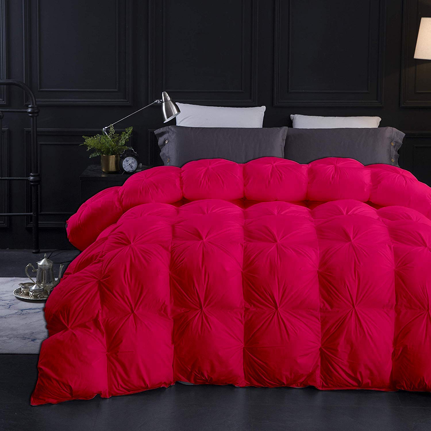3 Pcs Pinch Pleated Comforter Set - 500 GSM 100% Cotton Baffle Pintuck Down Comforter with Corner Tabs & 2 Pillow Shams (Hot Pink, Oversized King) | All Season Luxury Bedding for Master Bedroom & Guest Room