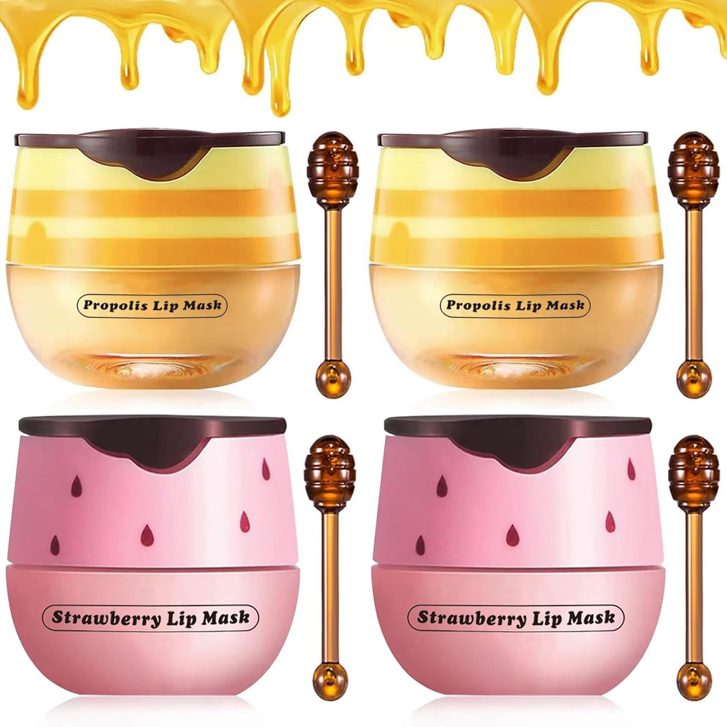 4PCS Strawberry & Bee Lip Balm Honey Pot - Vitamin E & Propolis Sleeping Lip Mask for Dry, Cracked Lips - Reduces Lip Lines & Exfoliates - Perfect for Nighttime Lip Care & Hydration