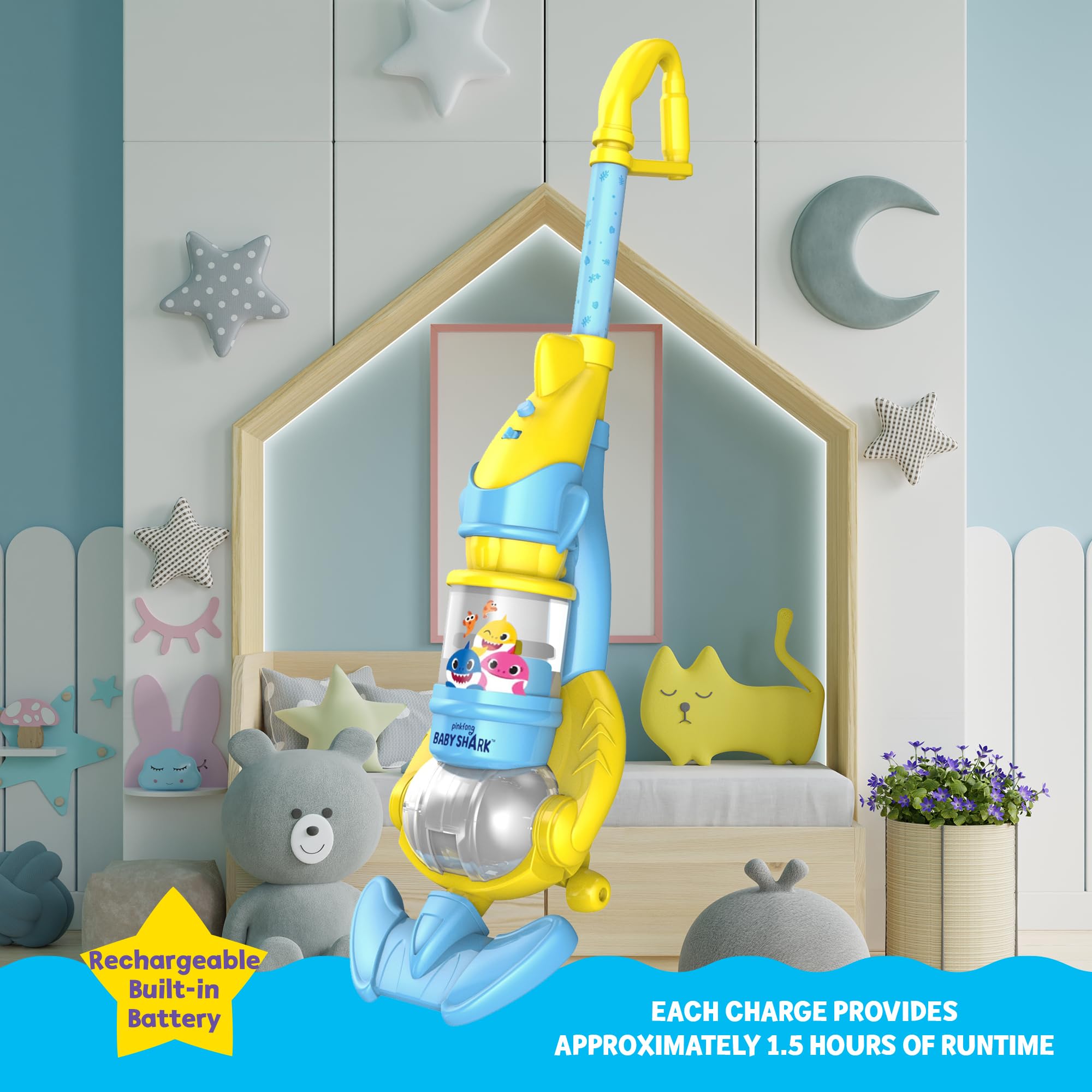 Pinkfong Baby Shark Kids Vacuum Cleaner Toy - Functional Toddler Vacuum with Lights & Realistic Sounds - Pretend Play Cleaning Toy for Boys & Girls Ages 2-5 - Perfect for Imaginative Play & Early Childhood Development
