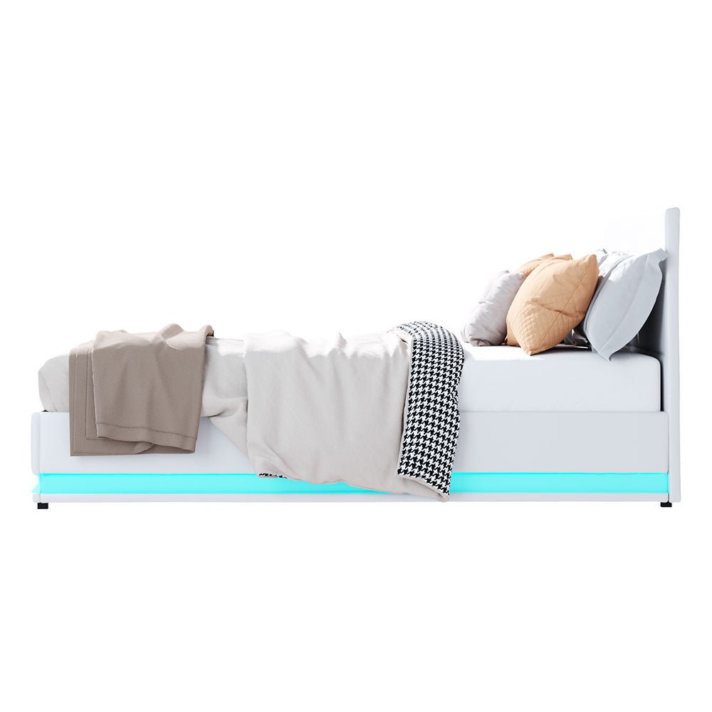 Henley Queen Gas Lift Storage Bed Frame with LED Lights – White | Modern Platform Bed with Underbed Storage & USB Ports | Perfect for Small Bedrooms & Guest Rooms