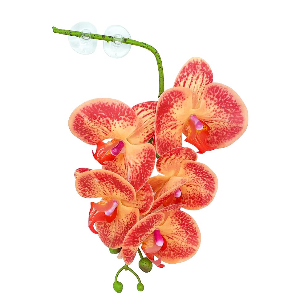 Pangea Reptile Hanging Orchid - Artificial Terrarium Plants for Reptile Habitat Decor (Orange & Yellow) | Perfect for Bearded Dragon Tanks, Gecko Enclosures & Vivarium Setups