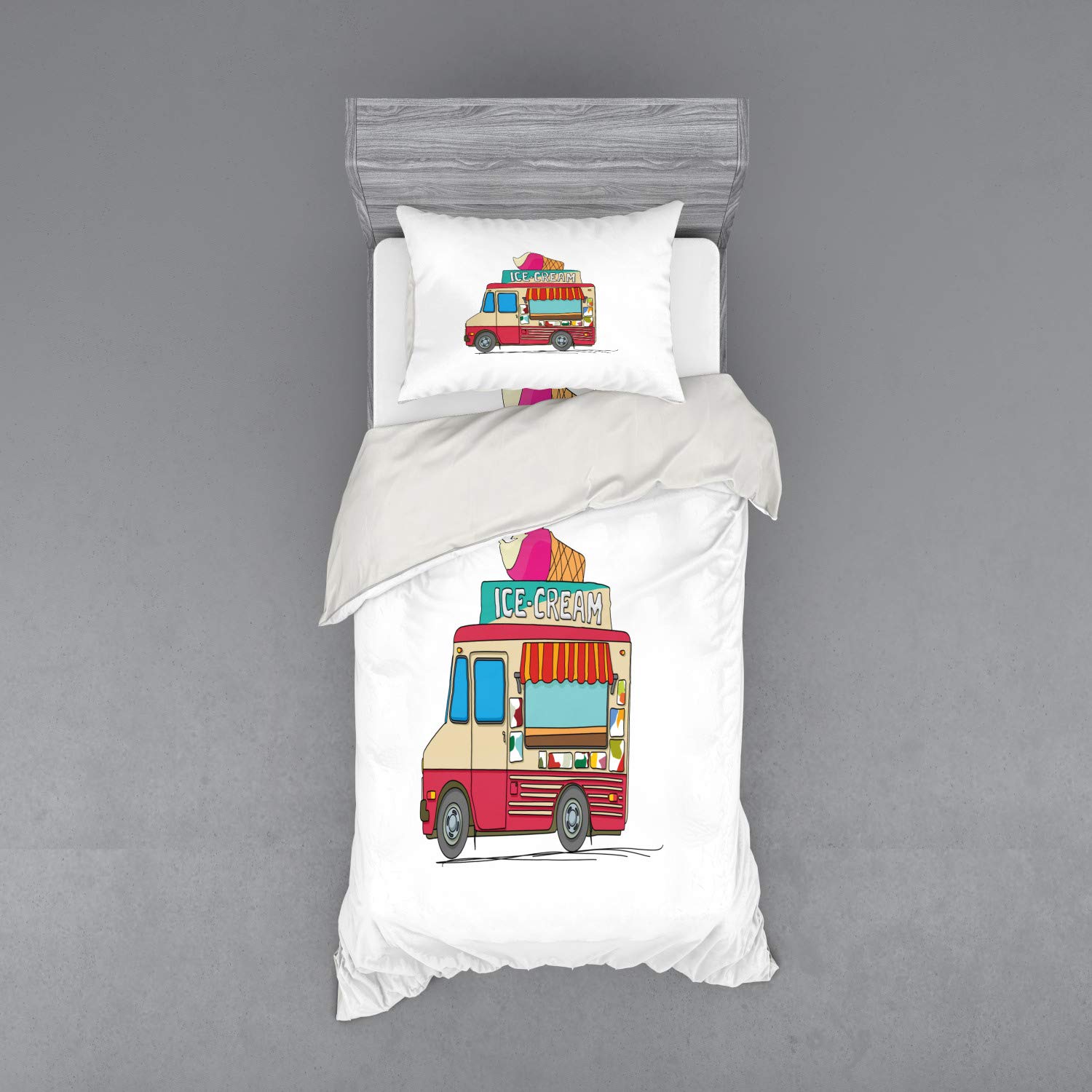 Ambesonne Ice Cream Truck Bedding Set - 3 Piece Duvet Cover with Sham & Fitted Sheet, Twin Size, Colorful Cartoon Style Truck Design - Perfect for Kids' Rooms, Themed Bedrooms & Truck Lovers