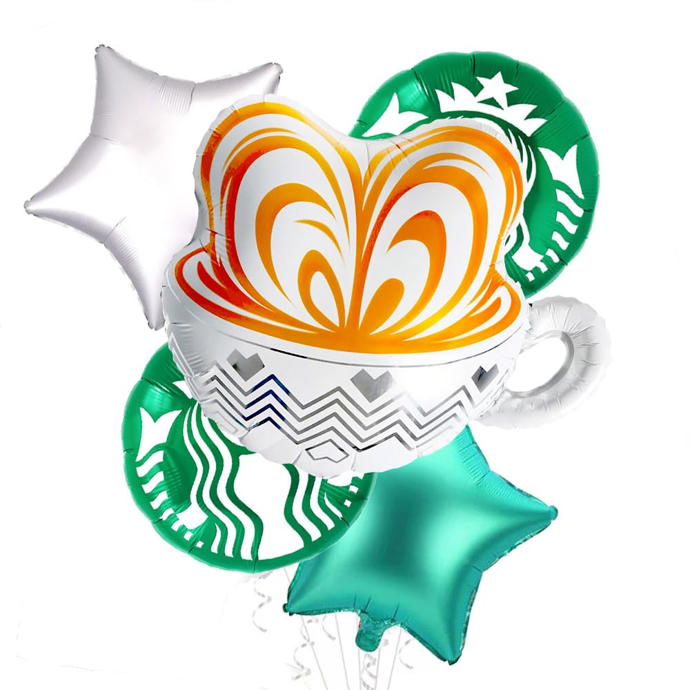 5Pcs Green Star Coffee Balloons & Coffee Cup Balloons - Perfect for Coffee Lovers Party Decor, Birthday Decorations & Coffee Bar Setup - Great for Cafe Themed Parties, Bridal Showers & Office Celebrations