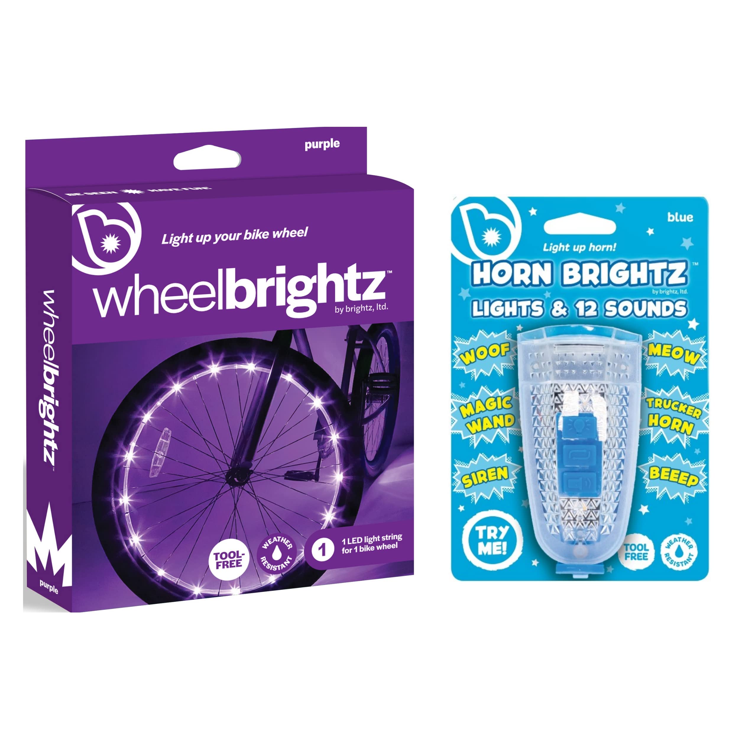 Brightz LED Bike Wheel Lights & Kids Bike Horn Combo - Pack of 2 WheelBrightz Bicycle LED Spoke Lights with 12 Unique Sound Effects - Perfect for Night Cycling, Kids Safety & Fun Outdoor Adventures