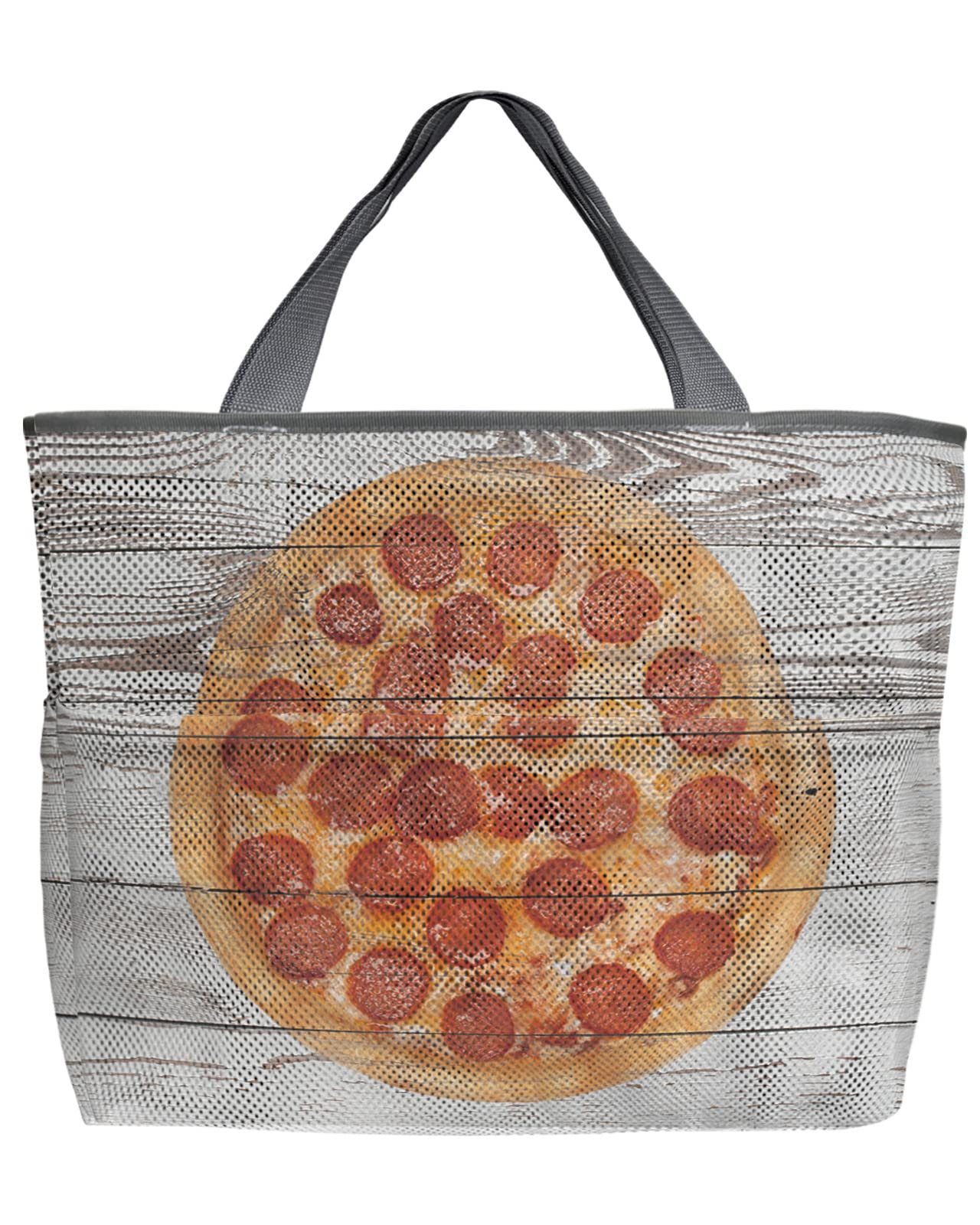 60L Large Mesh Beach Tote Bag - Pizza Print Wood Grain Design, Quick Dry Foldable Swim Bag with Pockets | Lightweight Oversized Storage for Groceries, Pool & Beach (24x16x9 inches) | Perfect for Summer Vacations, Swimming Gear & Shopping Trips