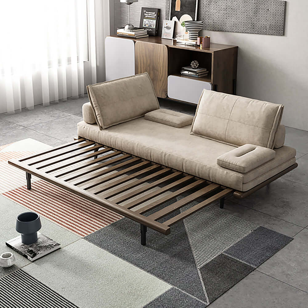 MidCentury Modern Pull Out Sofa Bed - Convertible Sleeper Sofa with Khaki Wood Frame in Cotton & Linen Fabric | Perfect for Small Spaces, Guest Rooms & Apartments