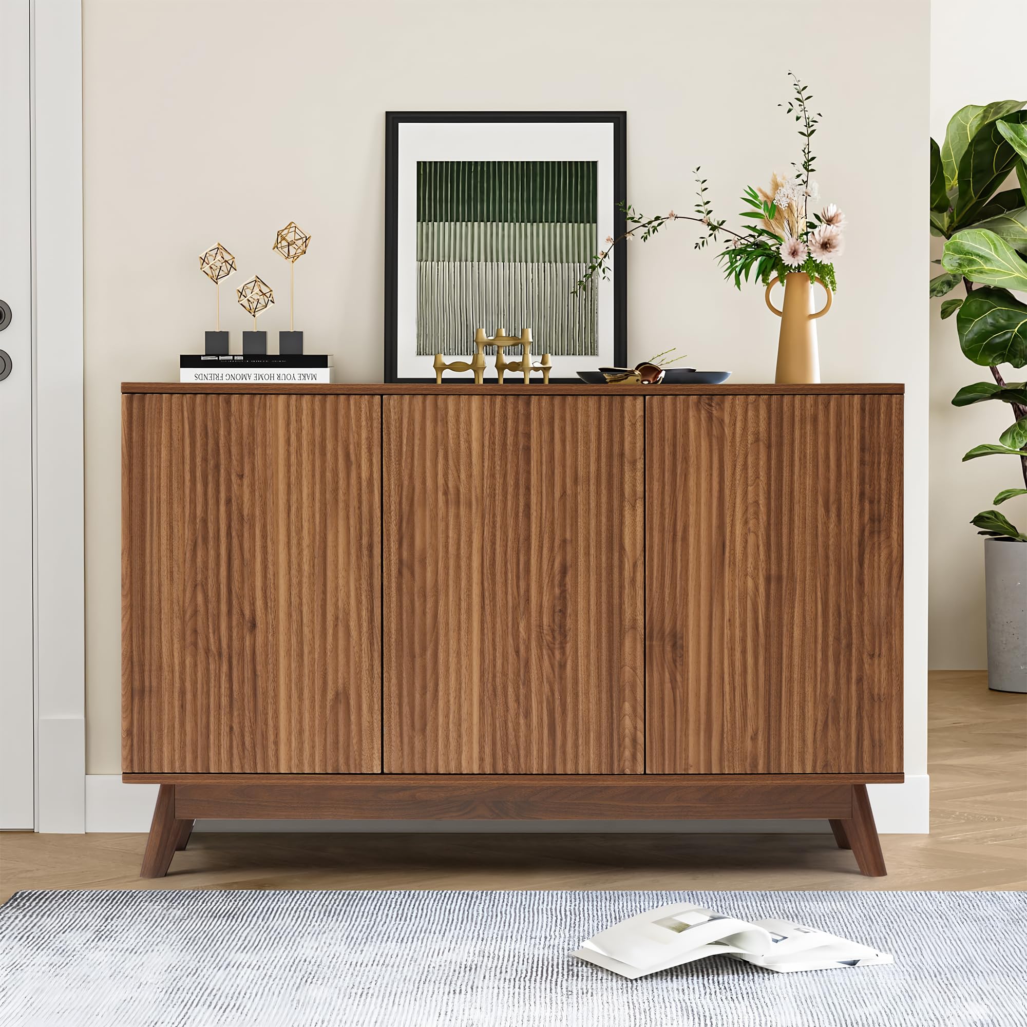 Mid Century Walnut Sideboard Cabinet - Farmhouse Fluted Credenza with 3 Doors, Long Buffet Storage for Kitchen, Dining Room, Living Room & Office | Perfect for TV Stand, Coffee Bar & Entryway Organization