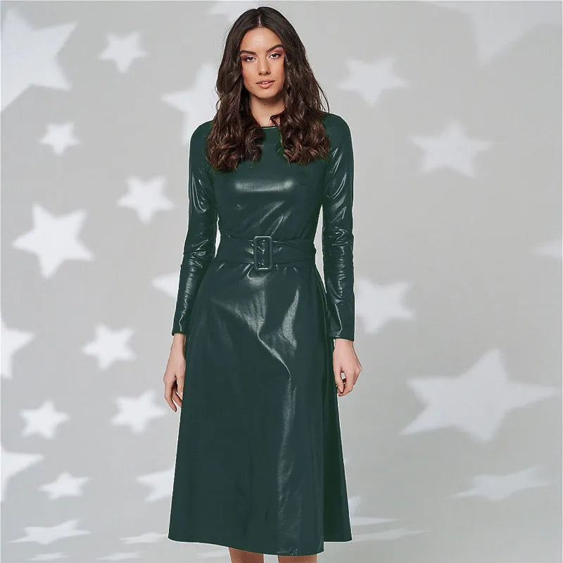 Stylish Faux Leather Belted Dress for Women - Slim Fit Long Sleeve PU Club Dress | Sexy Autumn Winter Outfit for Parties, Date Nights & Special Occasions