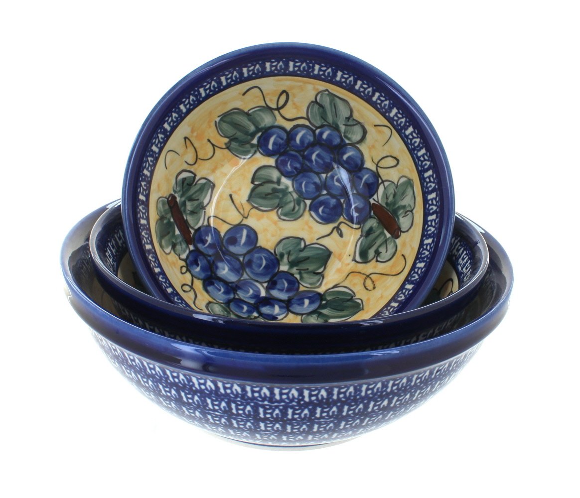 Blue Rose Polish Pottery 3-Piece Serving Bowl Set with Grapes Design - Perfect for Dinner Parties, Fruit Display, and Home Decor