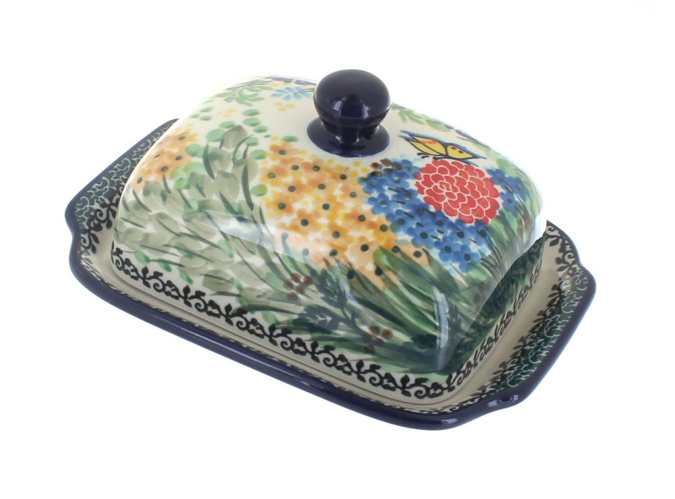 Blue Rose Polish Pottery Teresa Butter Dish - Handmade Ceramic Butter Keeper with Lid - Perfect for Kitchen, Dining Table, and Gift Giving