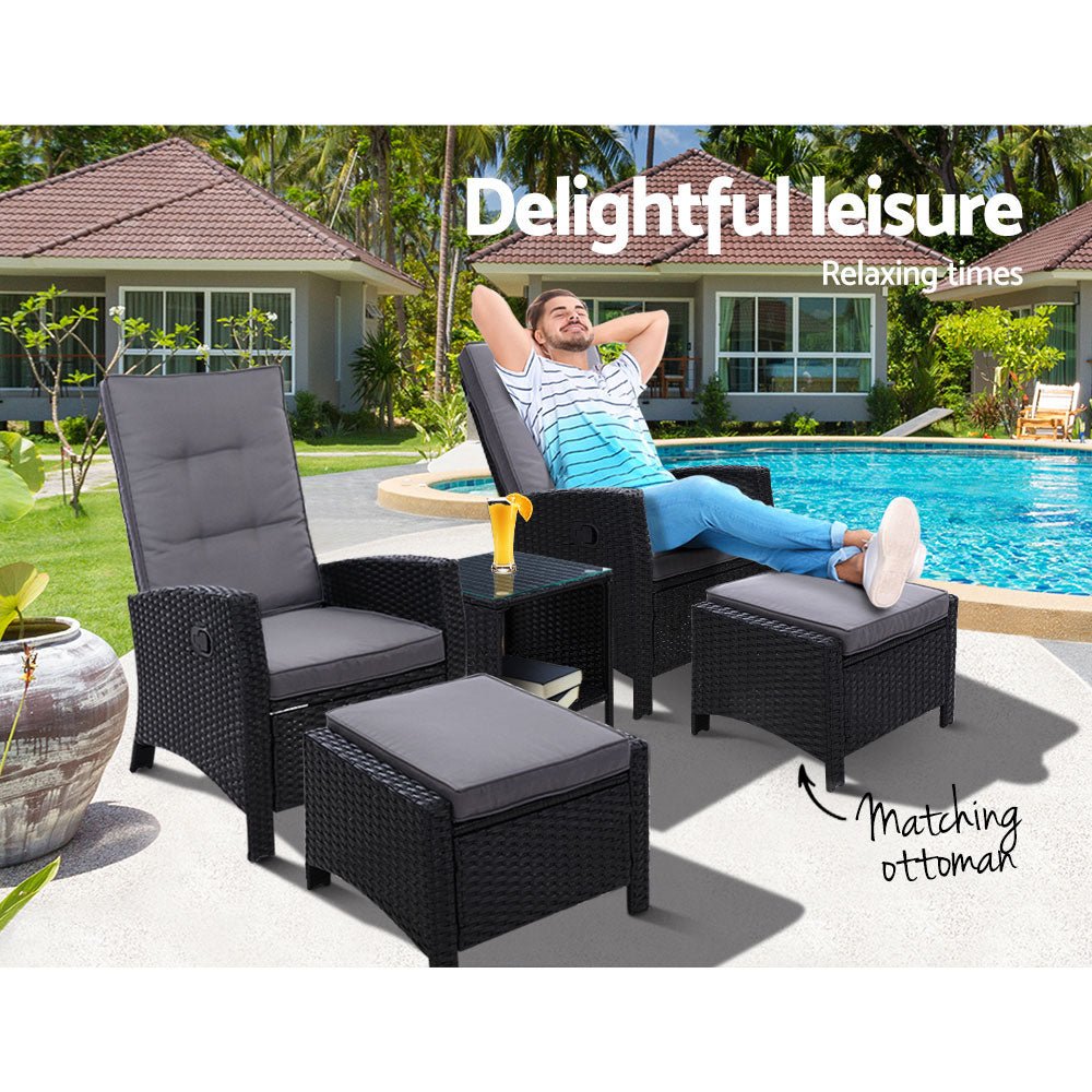 5-Piece Elise Outdoor Recliner Chair Set with Ottoman and Table - Black Patio Furniture for Backyard, Poolside & Garden Relaxation
