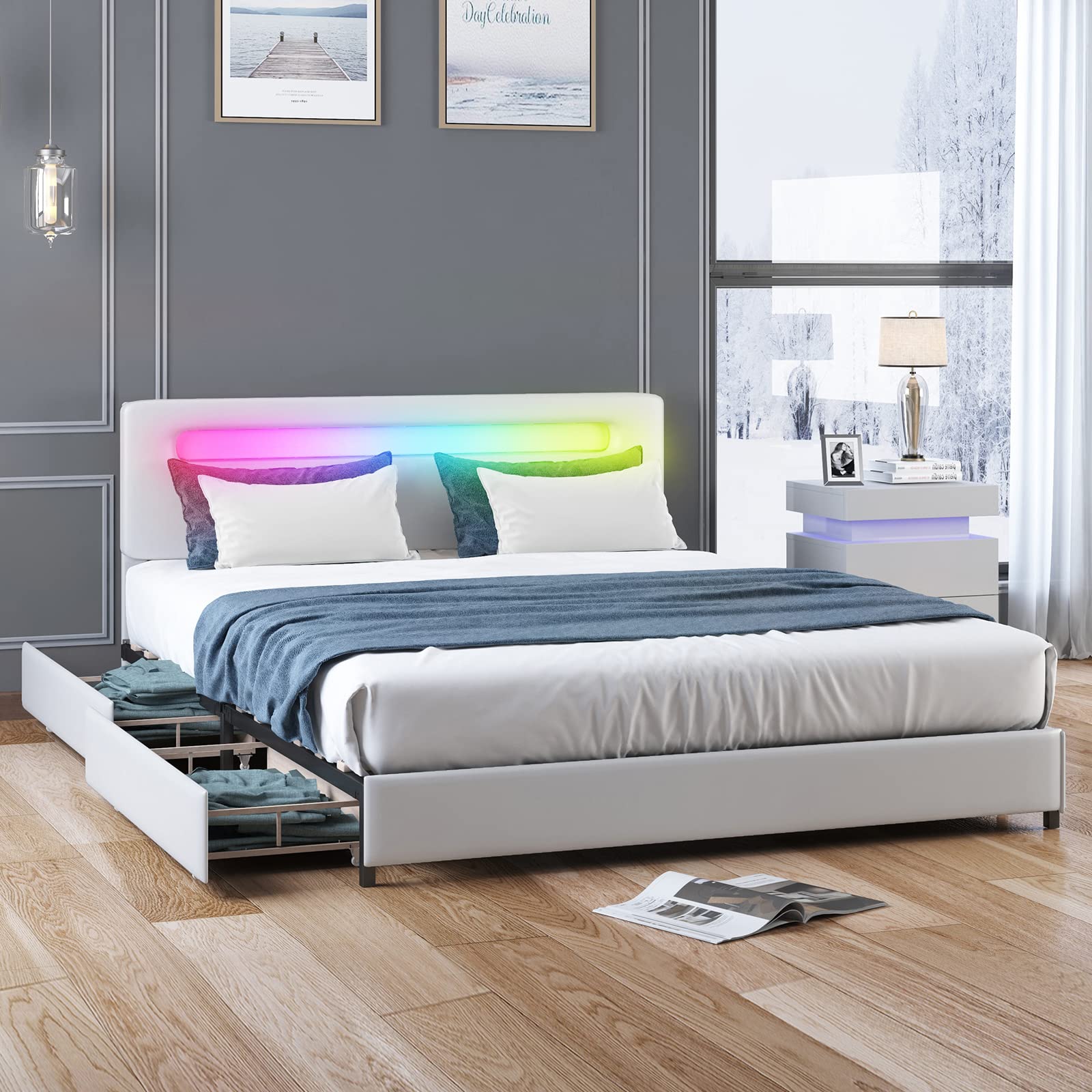BALUS King Size Bed Frame with 4 Storage Drawers & RGB LED Headboard - Smart App & Alexa Controlled, Music Sync Color Changing Lights, No Box Spring Needed, Easy Assembly, White - Perfect for Modern Bedrooms & Smart Home Decor