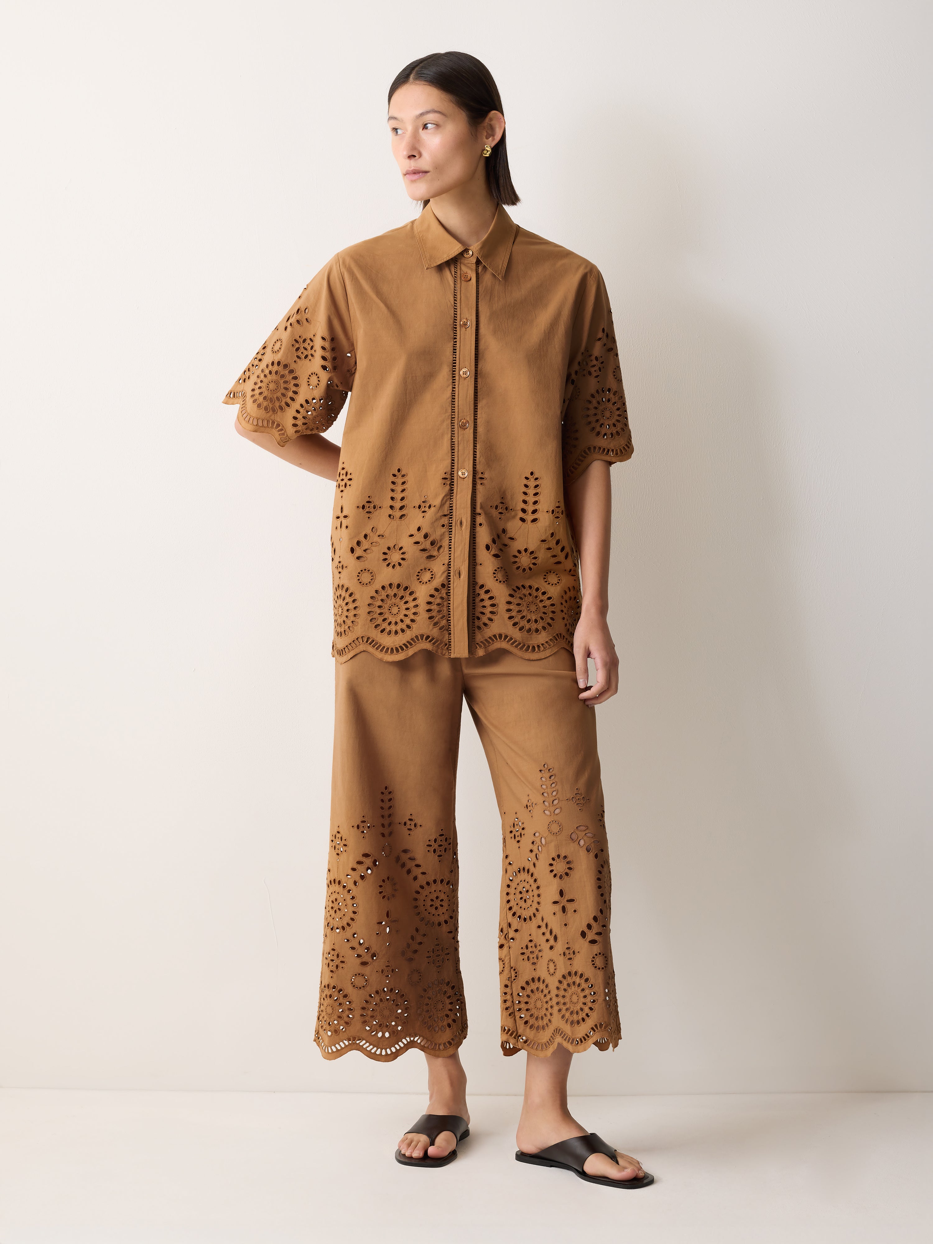 Elegant Broderie Embroidered Shirt for Women in Camel Color - Perfect for Casual Outings, Office Wear & Summer Fashion