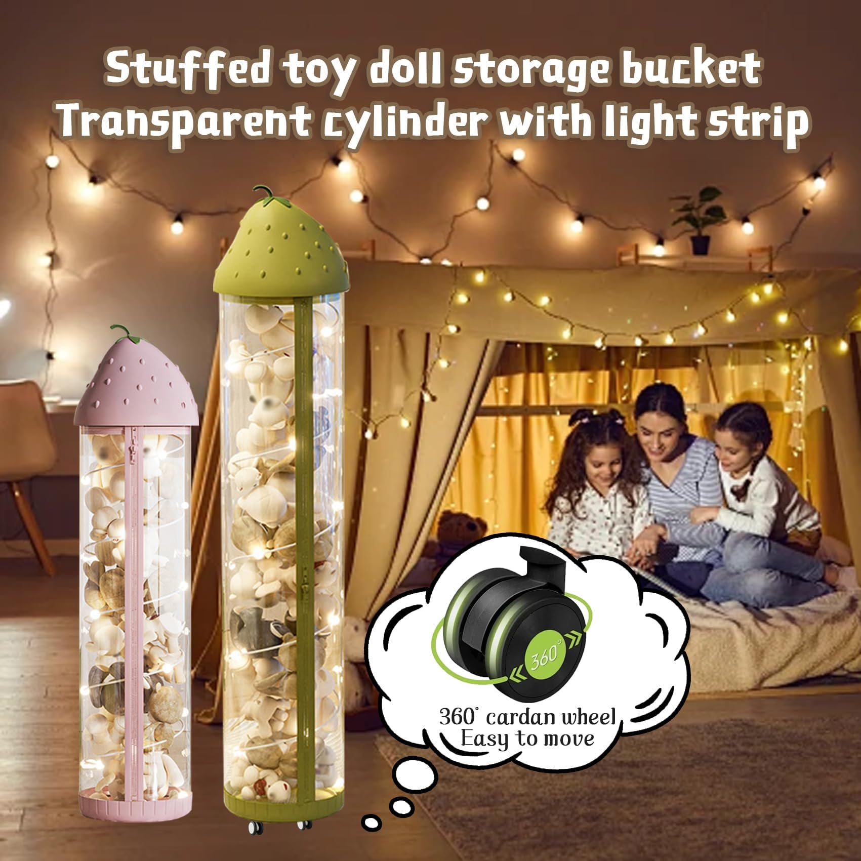 Vertical Clear Toy Storage Tube with Light & Zipper - 44in Stuffed Animal Organizer for Kids' Room (Pink) | Perfect for Storing Plush Toys, Stuffed Animals & Soft Dolls in Bedrooms, Playrooms & Daycares
