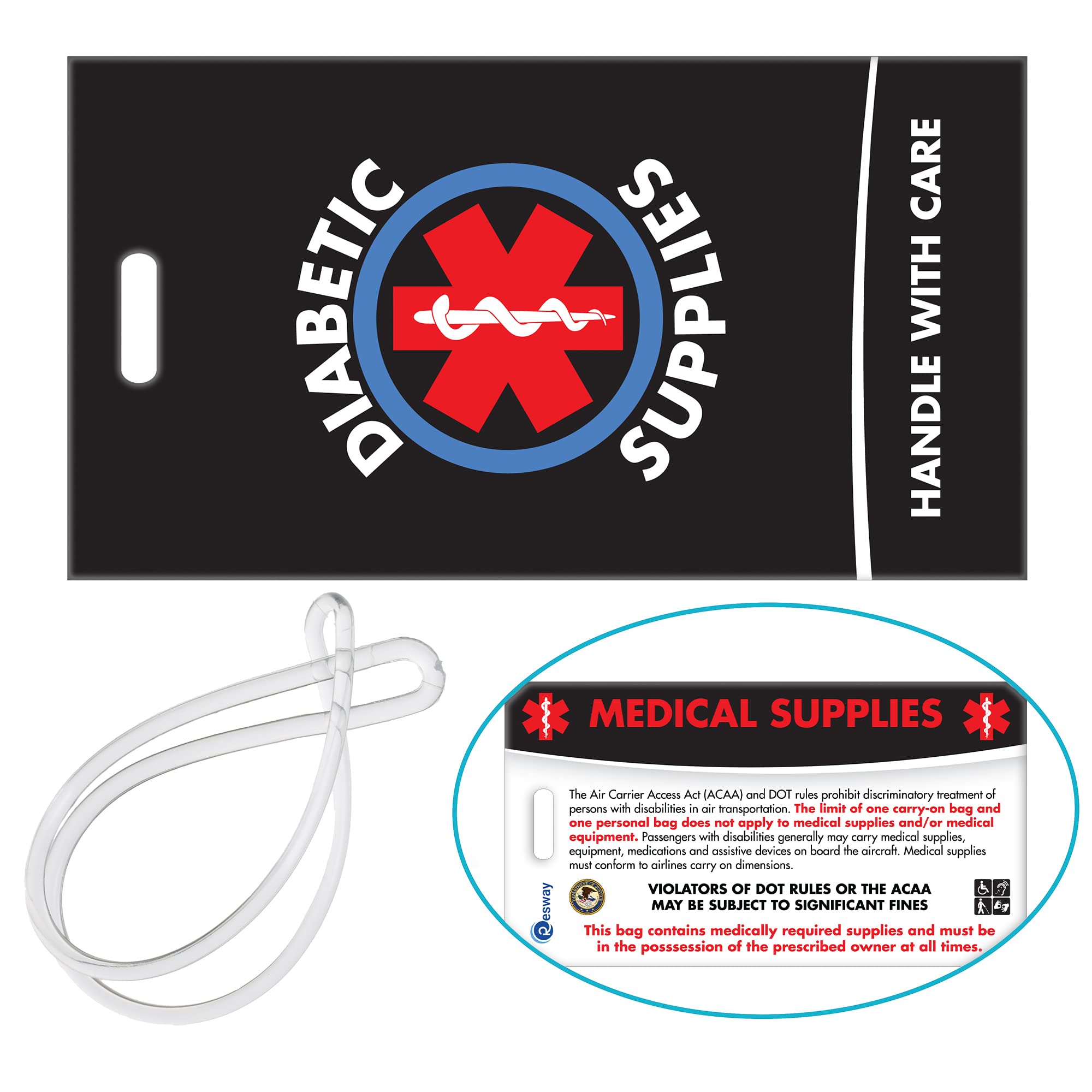 Diabetic Medical Alert ID Luggage Tag - Black Insulin Equipment Handle with Care - Perfect for Travel, Hospital Visits & Emergency Identification