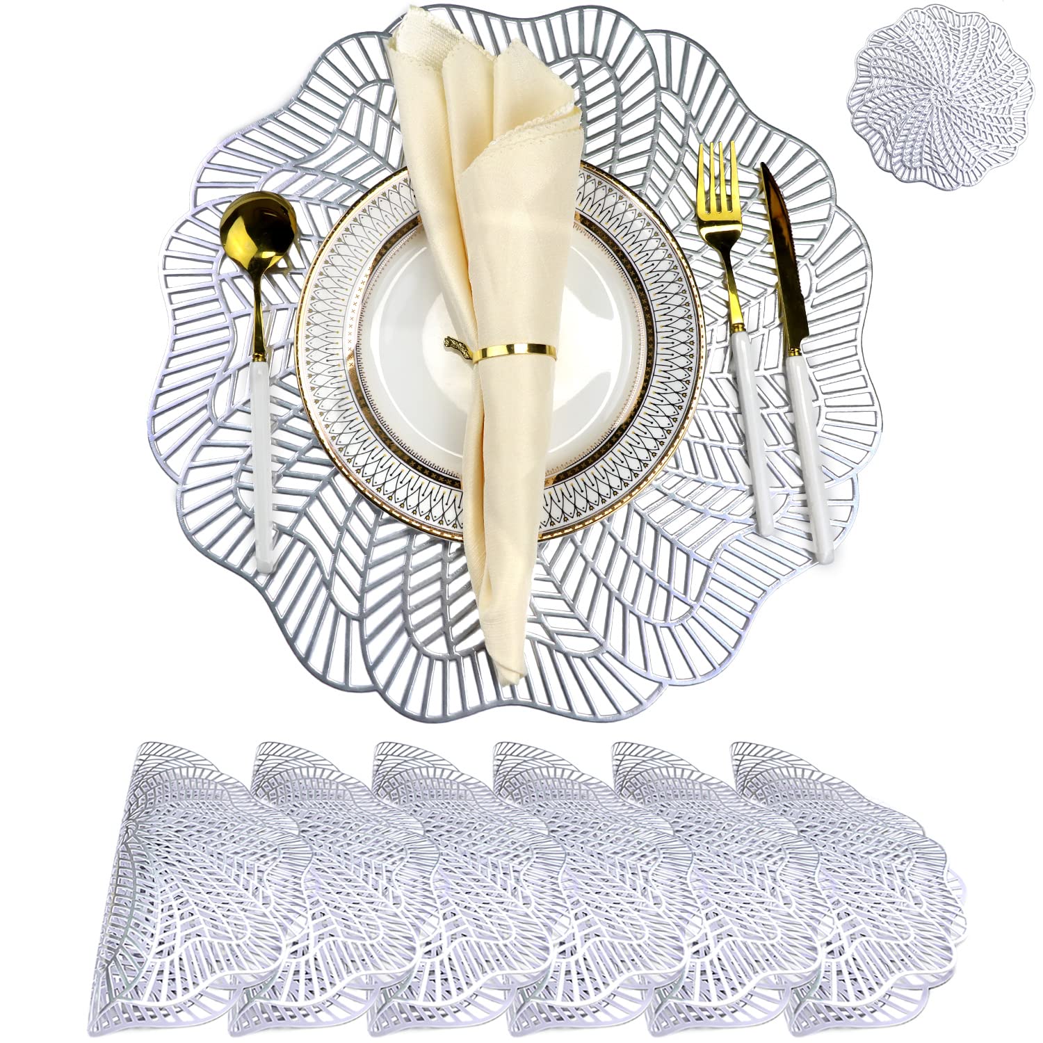 Ginphan Round Silver Placemats Set of 6 - Wipeable Washable Flower-Shaped PVC Table Mats for Dining & Kitchen | Heat Resistant, Non-Slip, Durable (15 Inch) - Perfect for Everyday Meals, Dinner Parties, and Home Decor