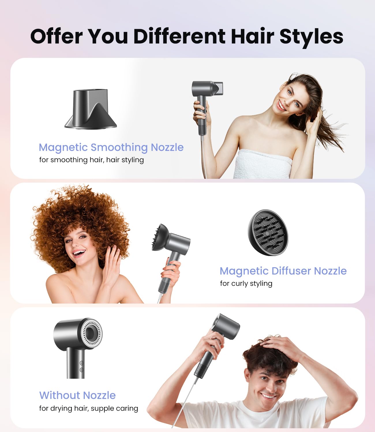 Professional 150,000 RPM Ionic Hair Dryer - Fast Drying with 500M Negative Ions, Heat Control & Low Noise | Magnetic Diffuser & Nozzle, 5 Temp & 3 Speed Settings | Perfect for Home, Salon & Travel Use