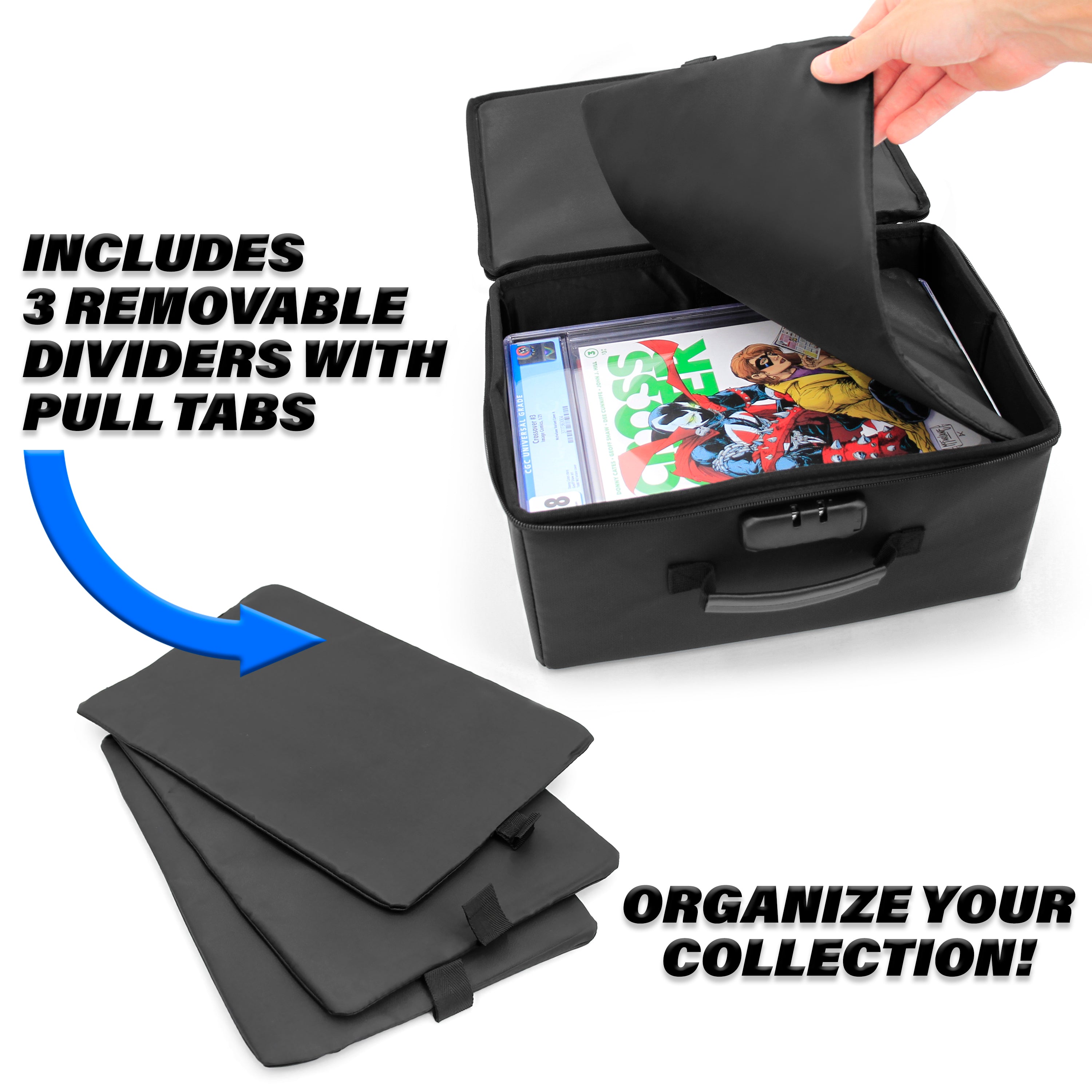 CASEMATIX Fireproof Comic Book Storage Box - Holds 12 CGC Graded Comics with 3 Padded Dividers | Secure Collectible Display & Protection for Comic Conventions & Home Collections