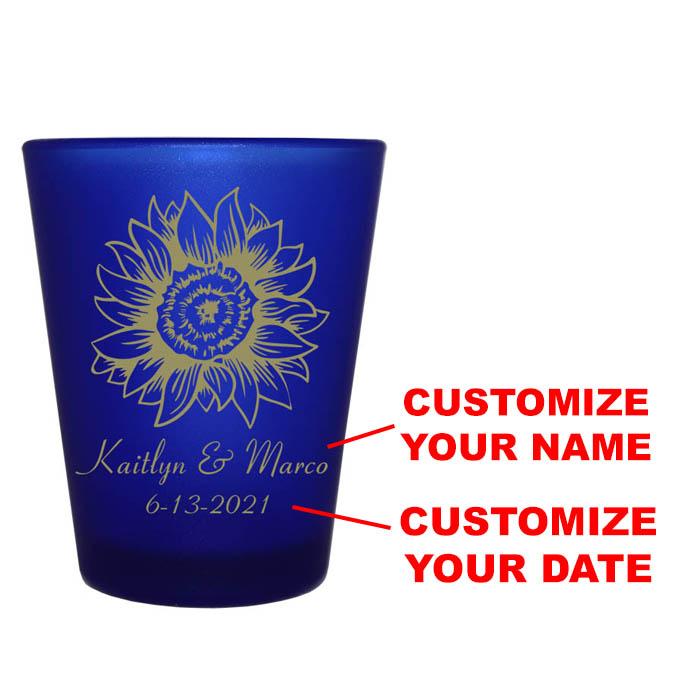 Customizable Blue Frosted Shot Glass - 1.5 Ounce Sunflower Design - Perfect for Parties, Weddings & Home Bar Decor