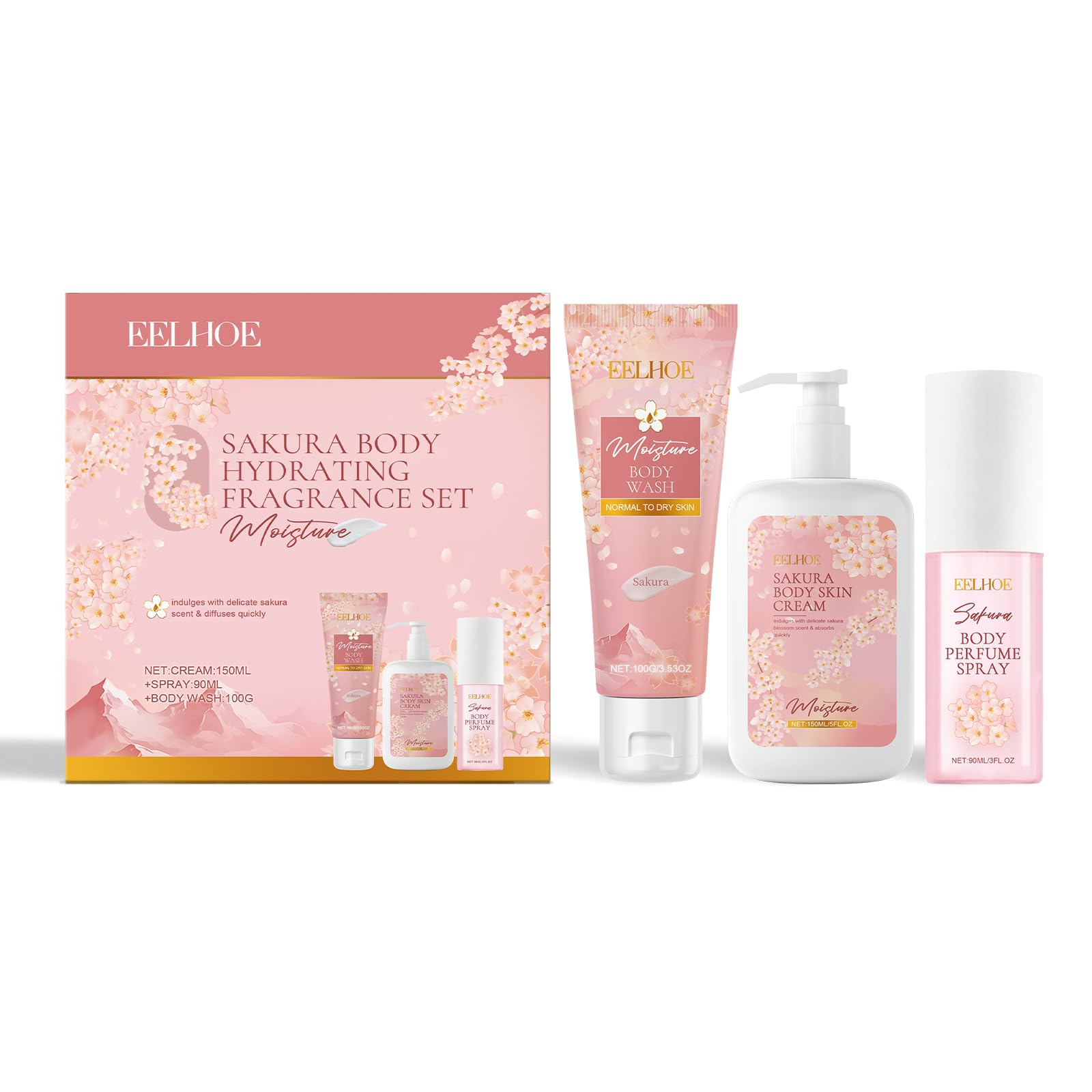Cherry Blossom Body Hydrating Gift Set - Moisturizing Body Wash, Skin Cream & Perfume Spray - Skincare Travel Kit for Women | Perfect for Birthday, Christmas, New Year Gifts & Daily Self-Care Routine