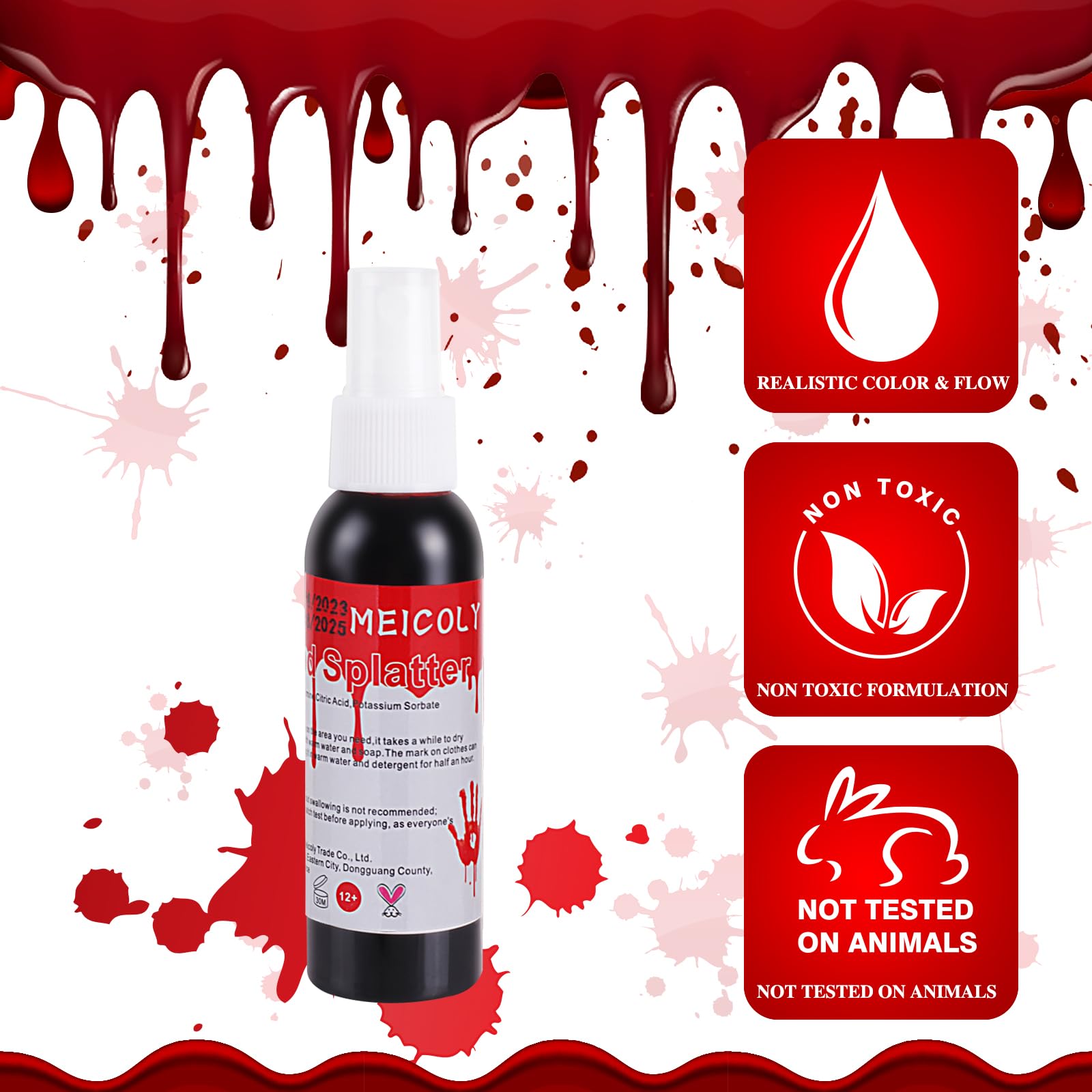 MEICOLY Fake Blood Spray - 2.1oz Halloween SFX Makeup Kit for Zombie, Vampire & Monster Costumes | Realistic Blood Splatter Effects for Clothes & Props | Dark Red Liquid Blood (2-Pack) - Perfect for Halloween Parties, Haunted Houses & Horror Movie Effects
