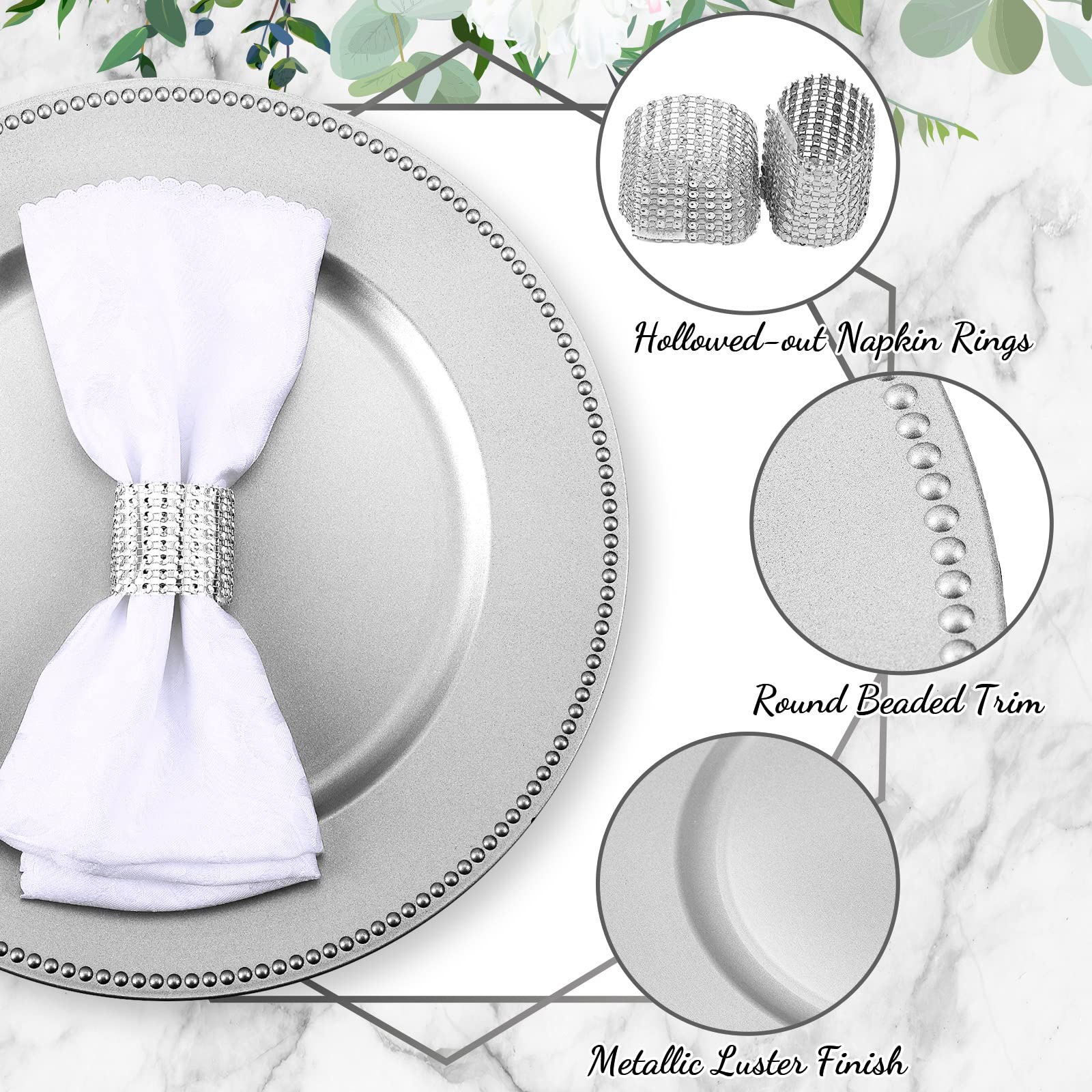 Bokon 100-Piece Silver Charger Plates Set with 200 Beaded Napkin Rings - 13 Inch Round Diamond Mesh Design for Elegant Dinner, Wedding, and Party Decorations - Perfect for Formal Events, Banquets, and Special Occasions