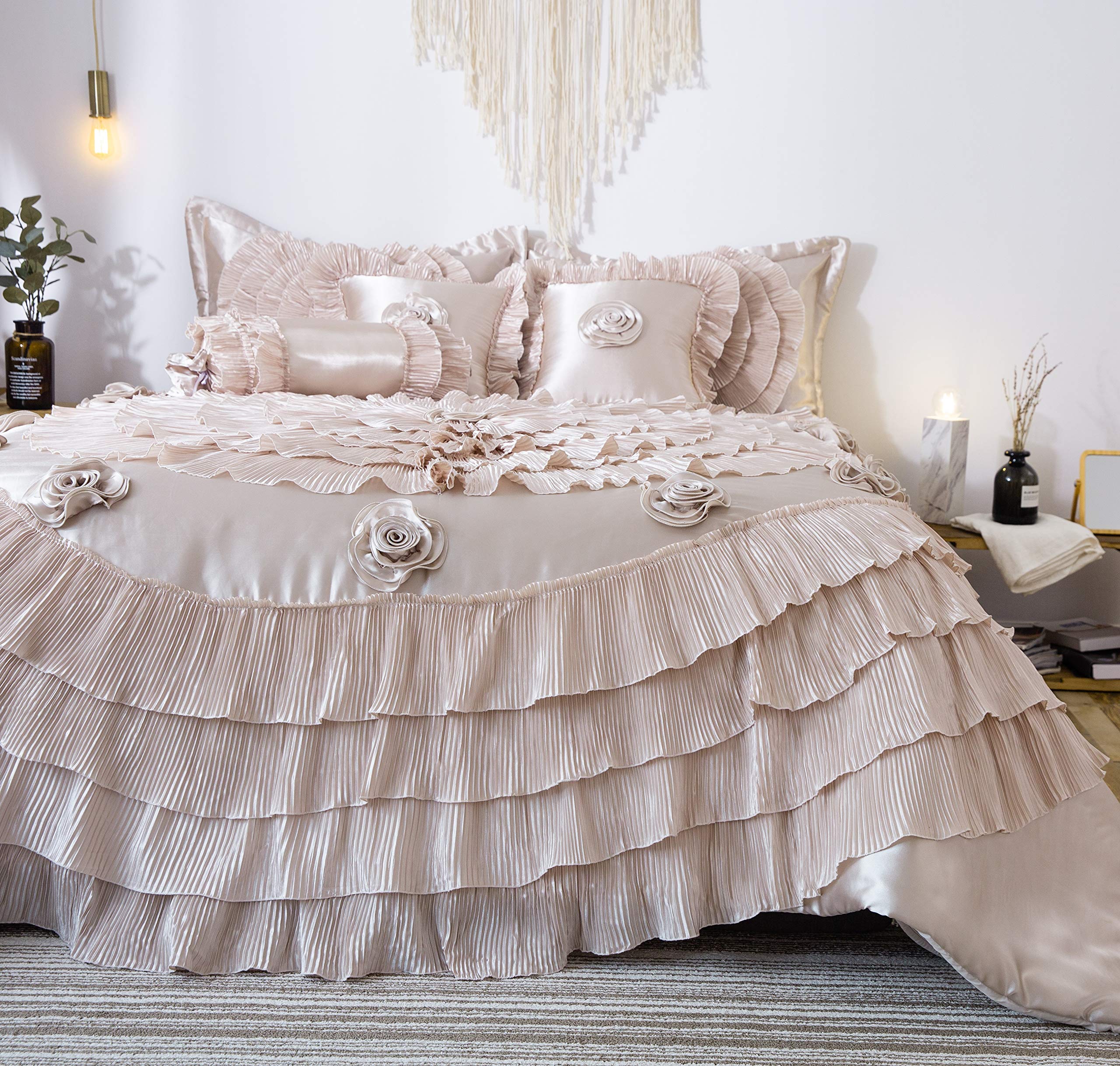 Elegant Victorian Royal 6-Piece Queen Size Comforter Set - Satin Ruffle Floral Design in Champagne Beige | Perfect for Master Bedroom, Guest Room & Luxury Hotel Decor