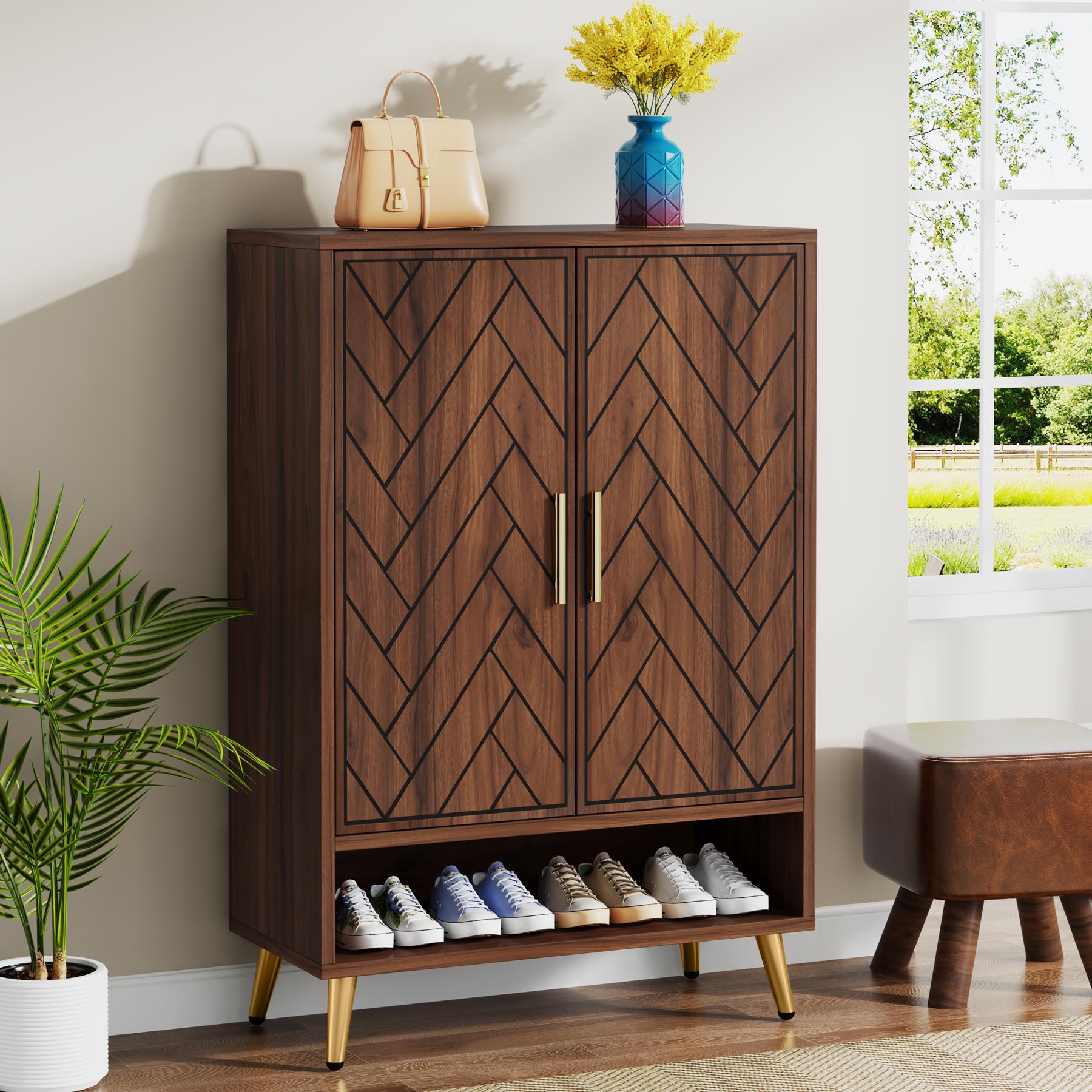 Tribesigns 6-Tier Wooden Shoe Storage Cabinet with Doors - Holds 24 Pairs of Shoes, Adjustable Shelves for Entryway, Living Room & Bedroom - Walnut Finish with Gold Legs - Perfect for Small Space Organization & Home Decor