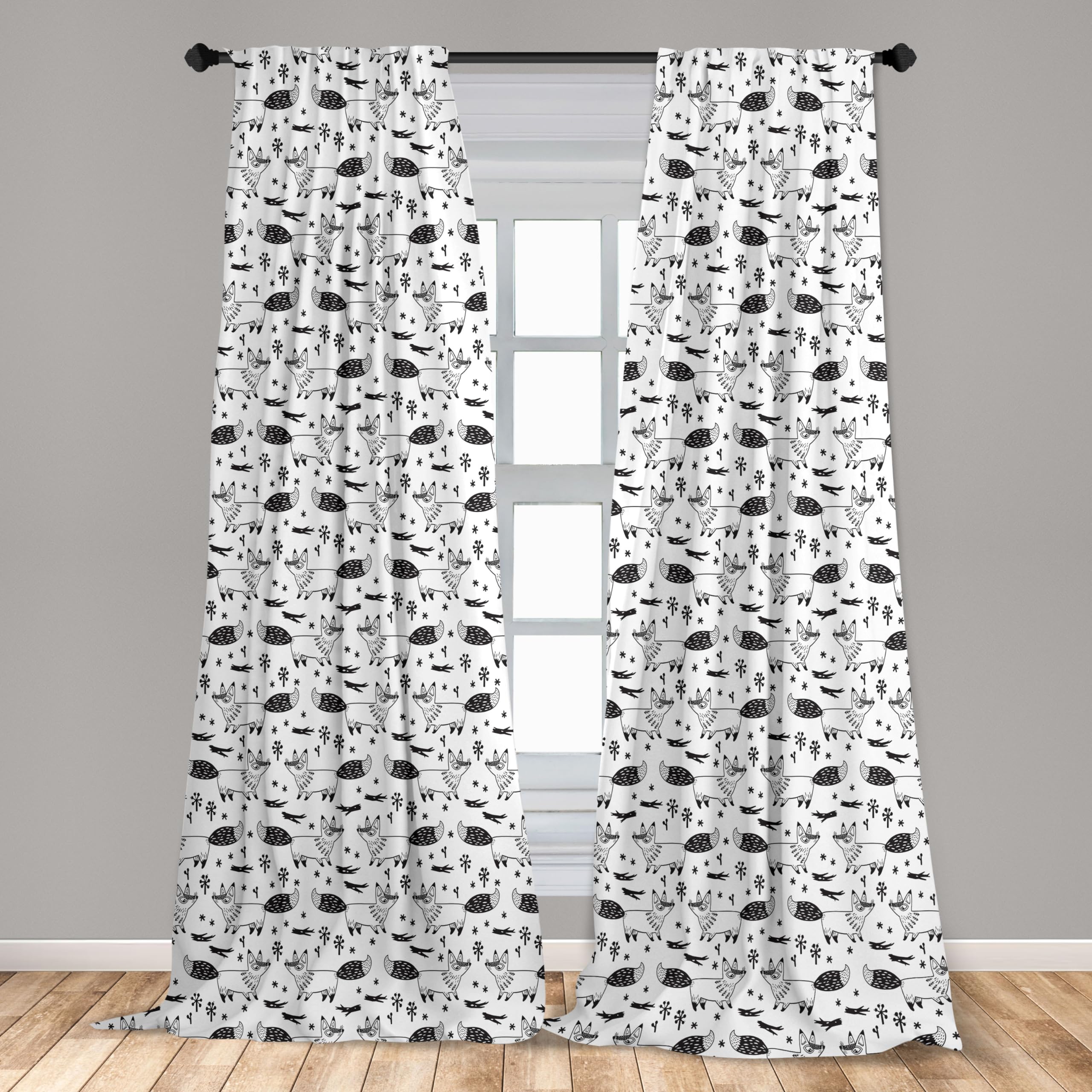 Ambesonne Fox Window Curtains - Monochromatic Wild Animal & Floral Design, Lightweight 2-Panel Set with Rod Pocket (28x84 Inch, Charcoal Grey White) - Perfect for Living Room, Bedroom & Nursery Decor