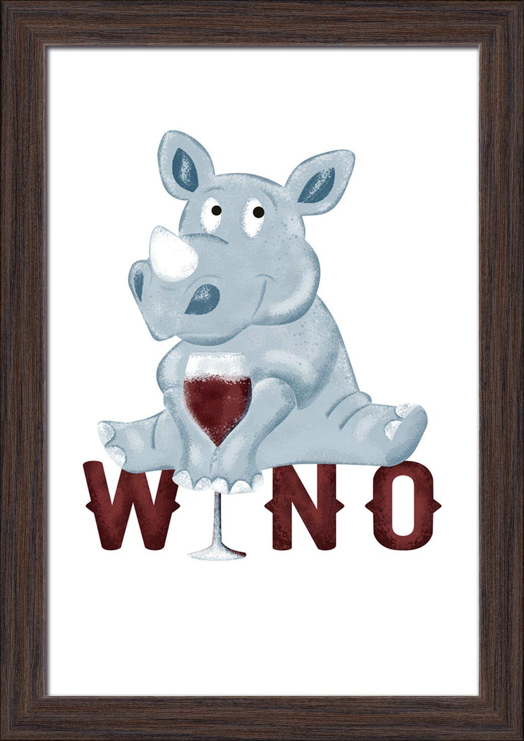 Whimsical Rhinoceros Fine Art Print - 12x18 Giclee on Recycled Wood Frame in Espresso Brown - Perfect for Nursery, Kids Room or Eclectic Home Decor