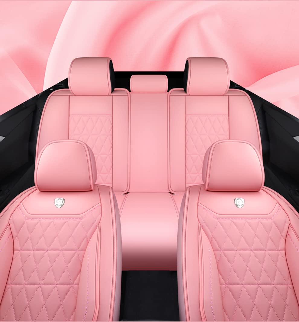 Premium Pink Leather Car Seat Covers Full Set (5-Piece) - Universal Fit for Cars, SUVs & Trucks - Soft Automotive Seat Protectors for Comfort & Style - Perfect for Daily Commute, Road Trips & Family Travel