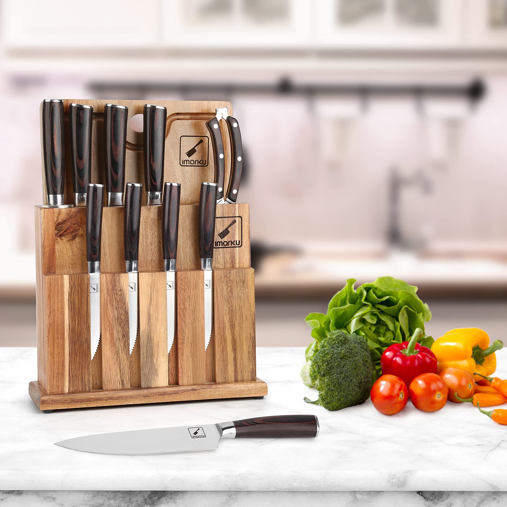 IMARKU 11-Piece Professional Japanese Kitchen Knife Set with Wooden Block - Stainless Steel Chef Knives, Cutting Board & Knife Sharpener Included - Perfect Gift for Home Cooks & Culinary Enthusiasts (Great for Sushi Making, Meat Cutting & Vegetable Prep)