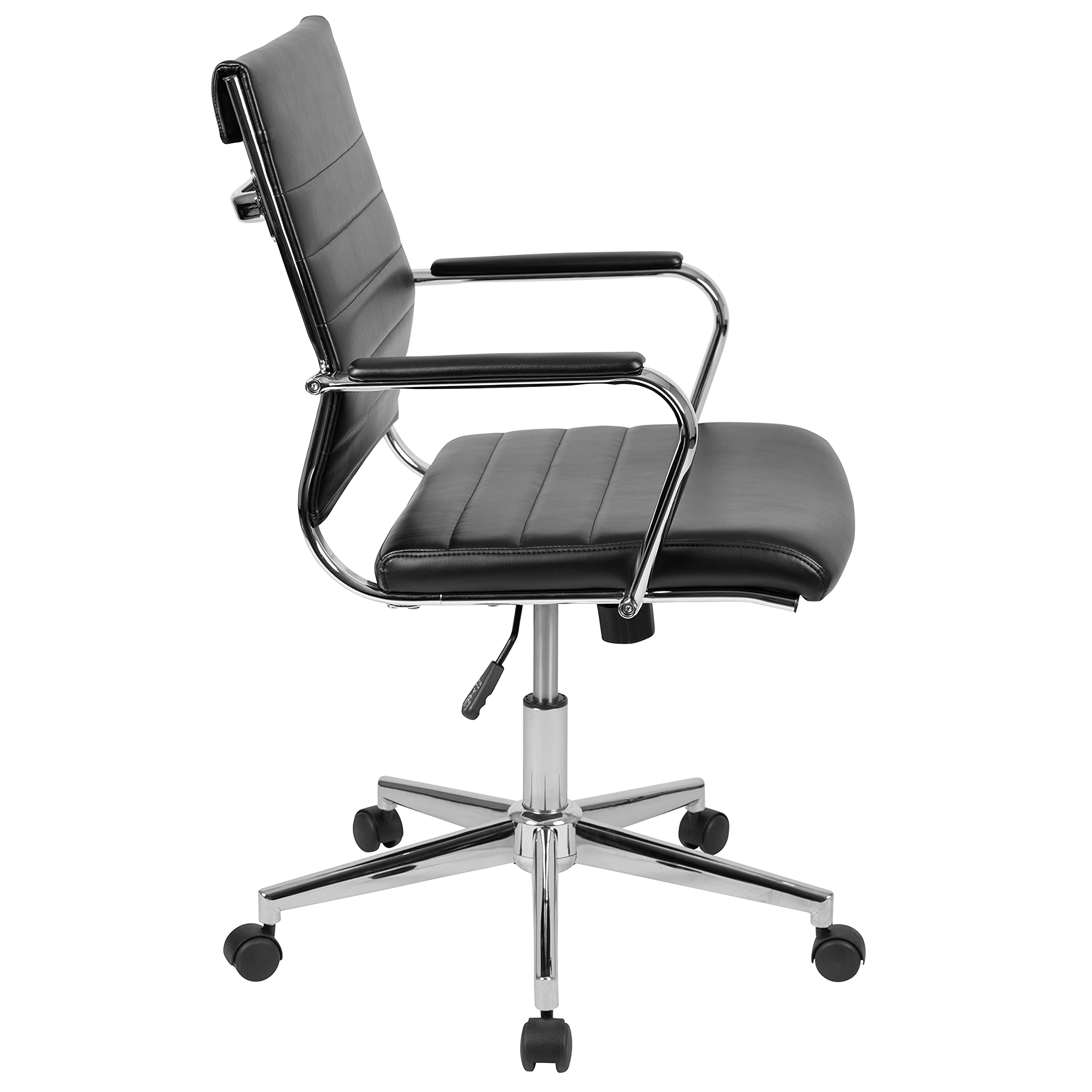 Premium Mid-Back Black LeatherSoft Executive Office Chair with Ribbed Design & 360° Swivel - Ergonomic Desk Chair for Home Office, Conference Room & Workspace