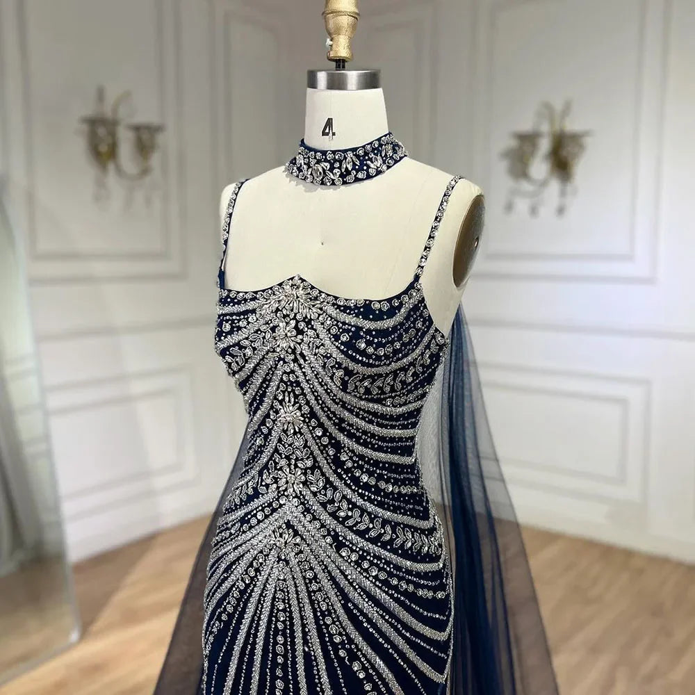 Serene Hill Blue Spaghetti Strap Long Mermaid Evening Gown with Beaded Lace-Up Detail - Elegant Formal Dress for Women's Wedding, Prom, Party & Special Occasions
