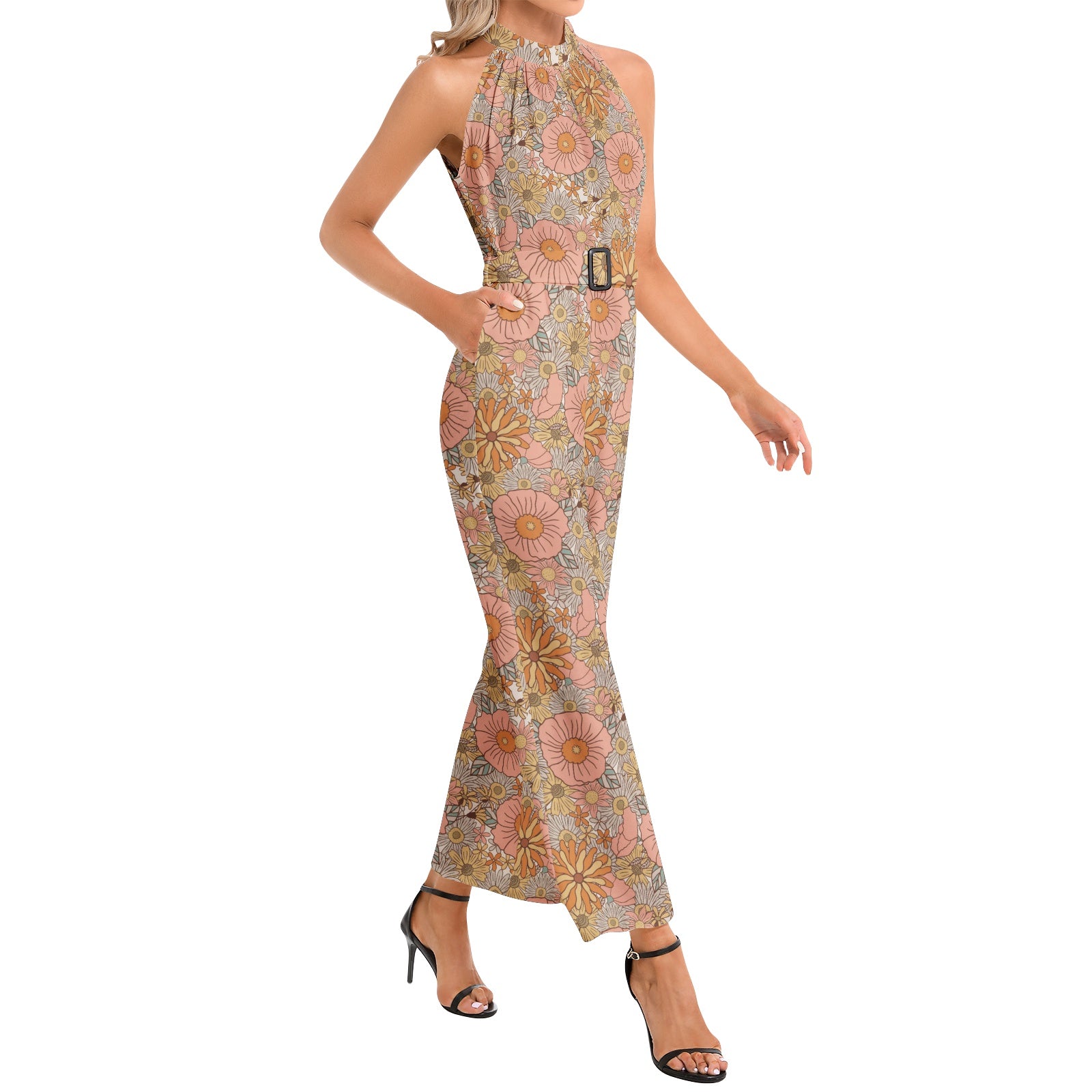 Women's Halter Neck Buckle Belted Jumpsuit - Pink Floral Print Romper for Summer, Beach, and Party Wear