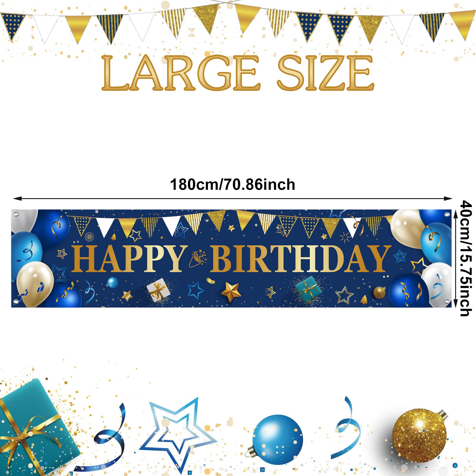 Happy Birthday Yard Banner - Large Outdoor & Indoor Party Decorations for Men & Women - Blue & Gold Backdrop - Perfect for Birthday Gifts, Celebrations, and Photo Booths
