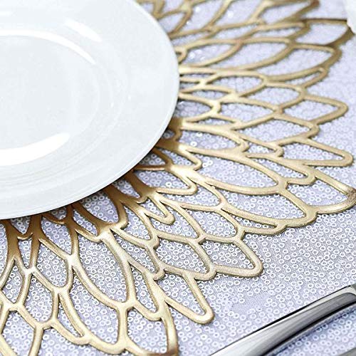 6 Pack Gold Floral Vinyl Placemats - 15 Inch Non-Slip Dining Table Mats for Everyday Use, Dinner Parties & Home Decor
