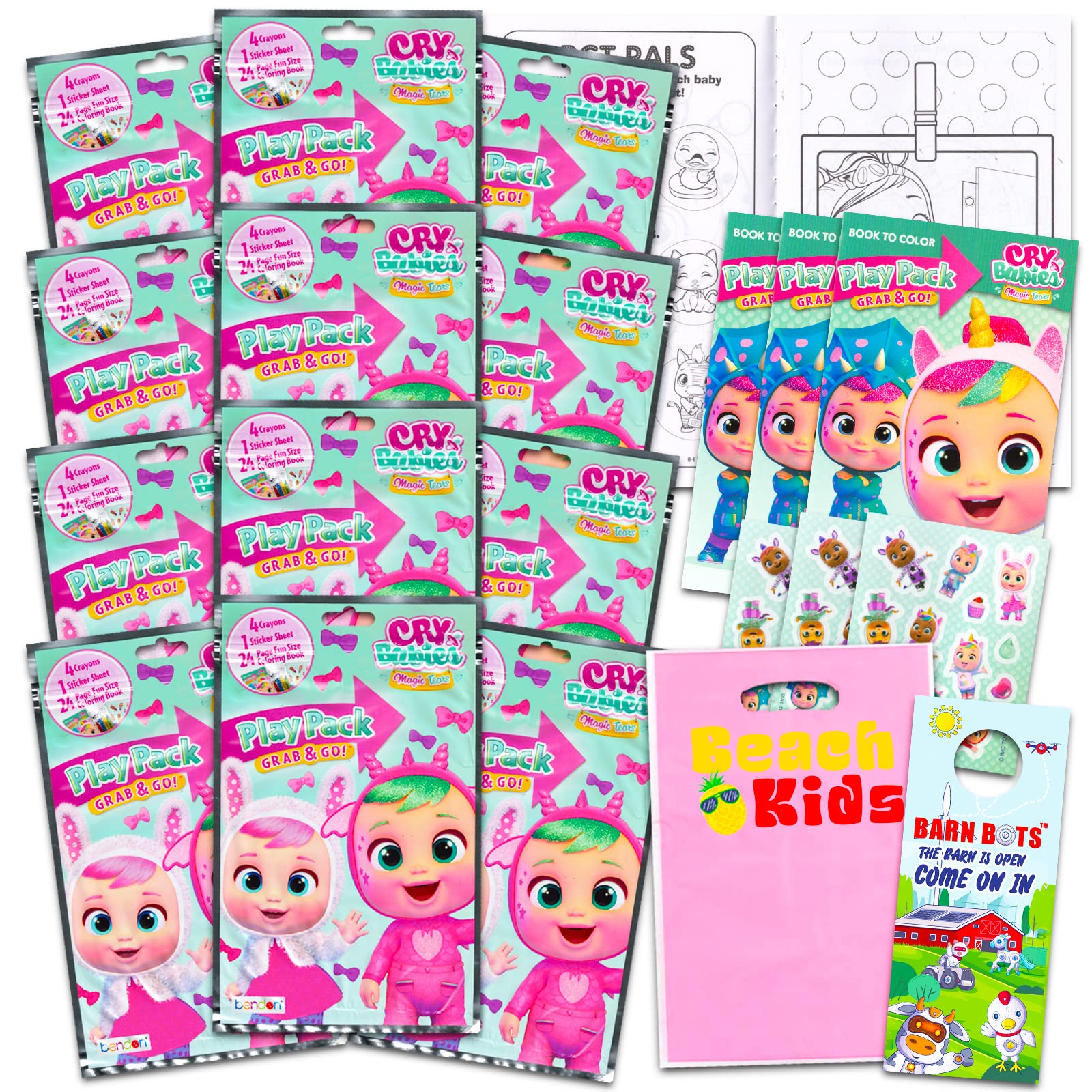 Cry Babies Party Favors Set - 12 Grab & Go Play Packs + 12 Beach Themed Loot Bags for Kids Birthday Parties, Baby Showers & Goodie Bags (Cry Babies Party Supplies)