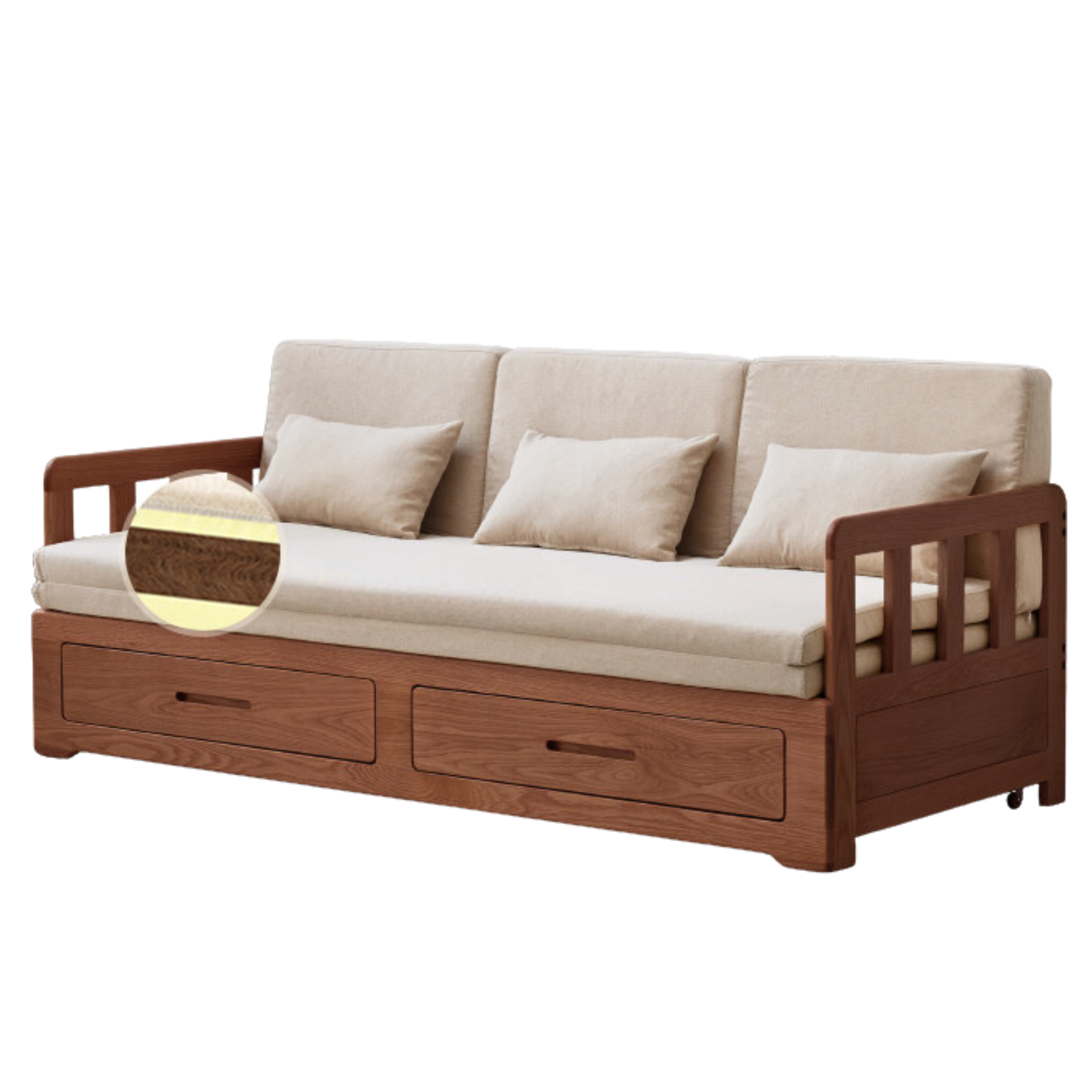 Solid Oak Wood Sofa Bed with Folding & Retractable Storage | Convertible Sleeper for Small Spaces, Guest Rooms & Apartments