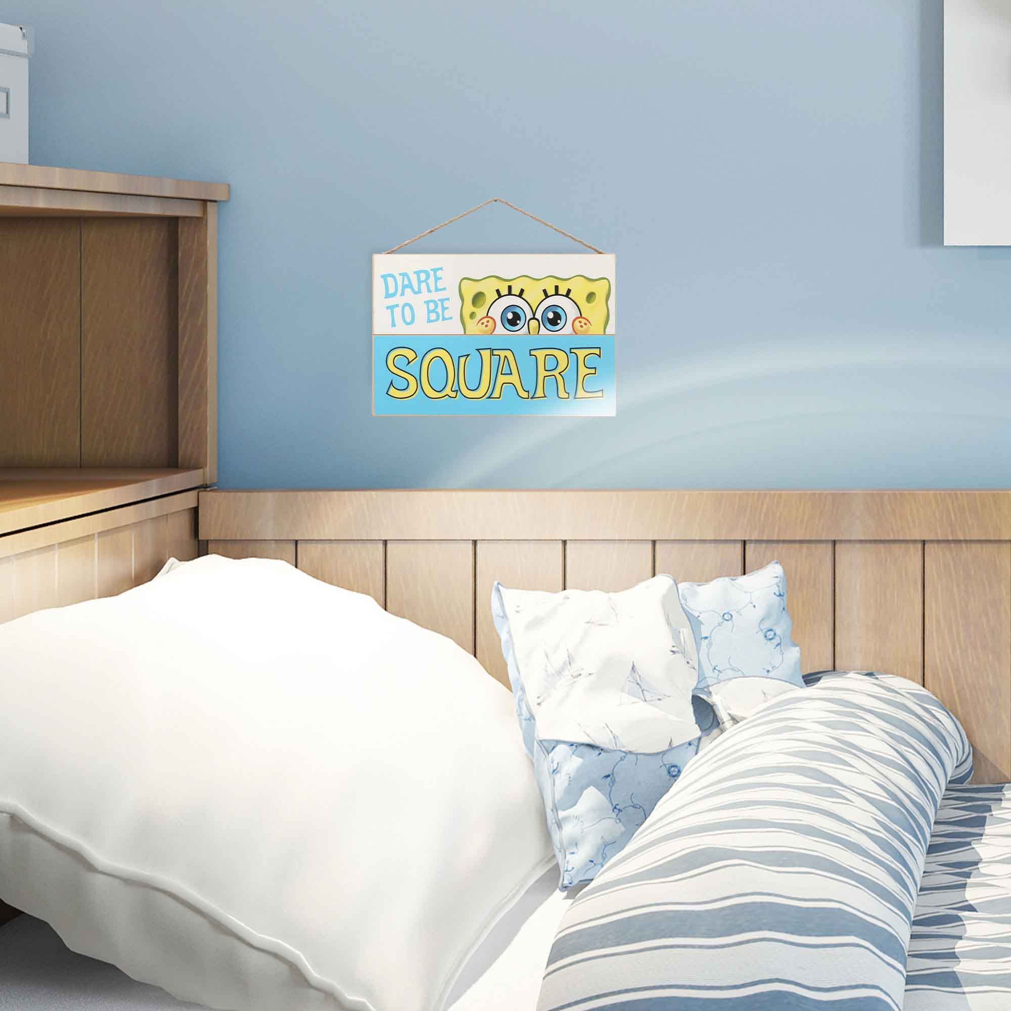 Nickelodeon SpongeBob SquarePants Wooden Wall Sign - 'Dare to Be Square' Hanging Decor for Kids Bedroom, Playroom & Home Theater | Fun Cartoon Themed Room Decor for Children's Spaces and SpongeBob Fan Collections