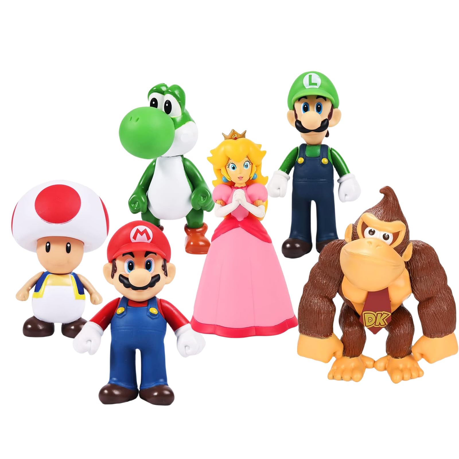 Super Mario Action Figures Set - 6 Pack with Mario, Luigi, Yoshi & Princess PVC Collectible Toys | Perfect Gift for Christmas & Birthday | Great for Kids Play, Display & Collection